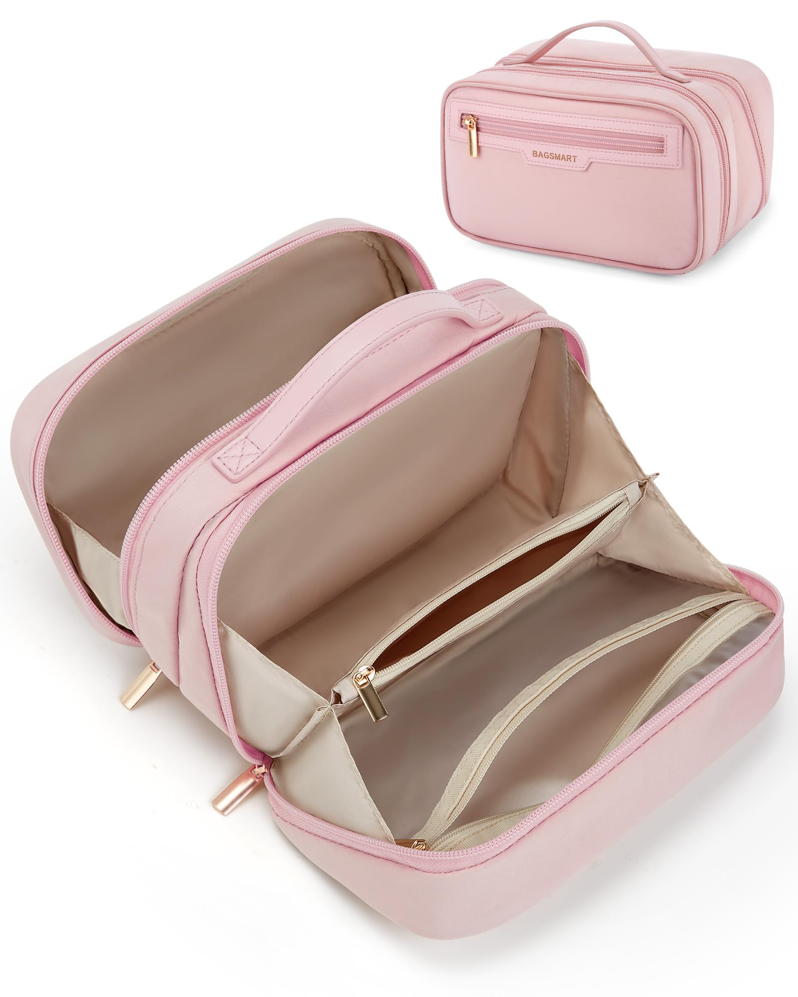 BAGSMART Travel Makeup Bag Large Capacity Wide-Open Make up Bags for Women Travel Essentials & Cosmetics Toiletries Accessories, Pink