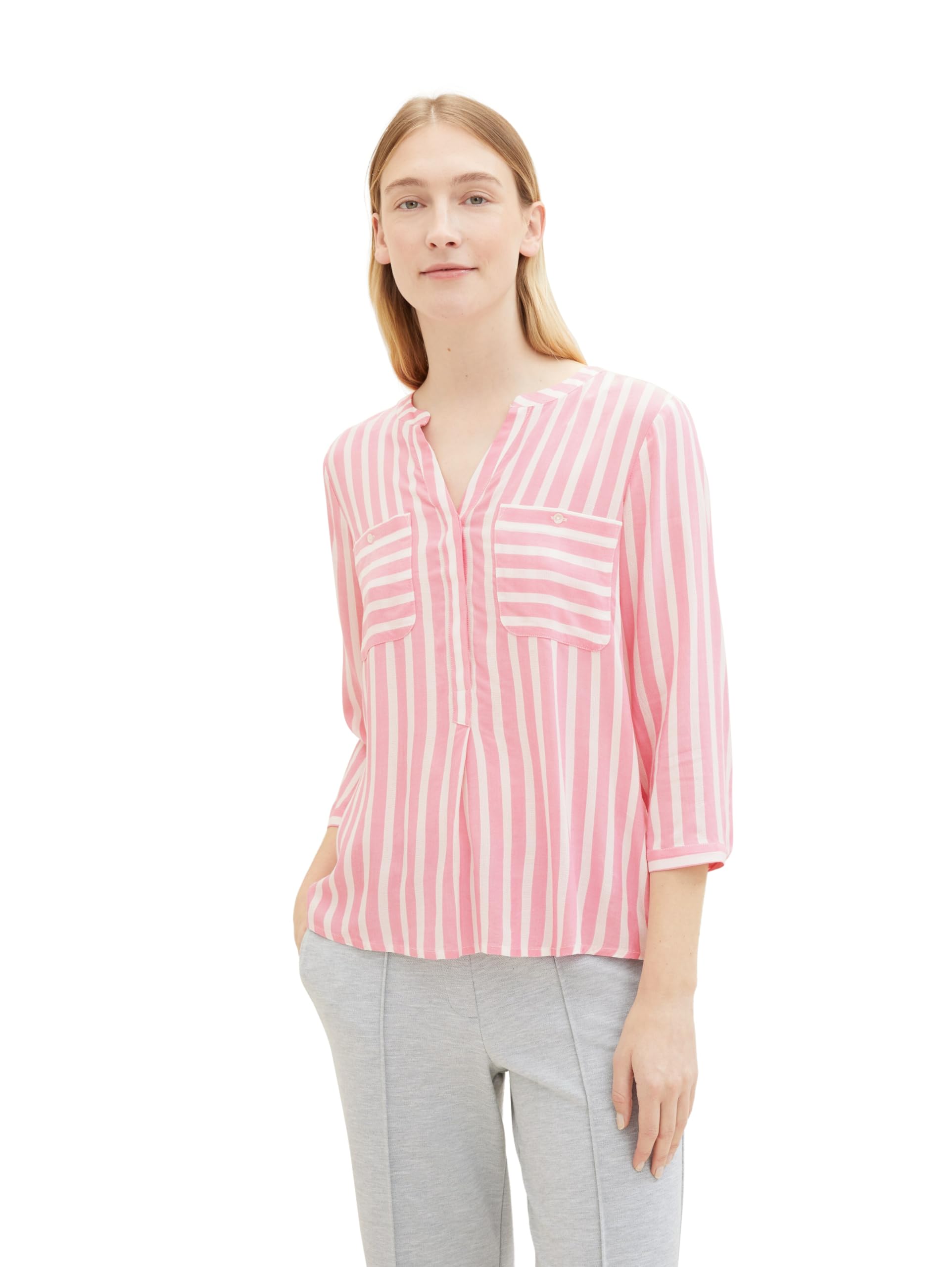 TOM TAILOR Damen Bluse mit Streifen & Brusttaschen, 35245 - Pink Offwhite Stripe, 32