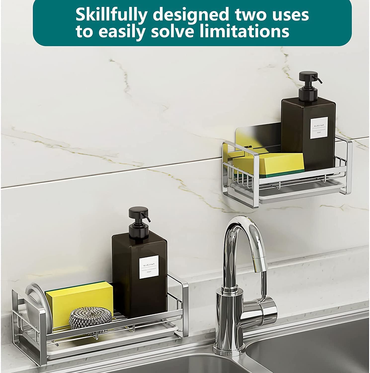 Zeinwap Stainless Steel Sponge Holder for Kitchen Sink Caddy Organizer Countertops and Walls Soap Tray Dish Drainer with Detachable Dish Drainer Tray(Silver,1 Pc) 4