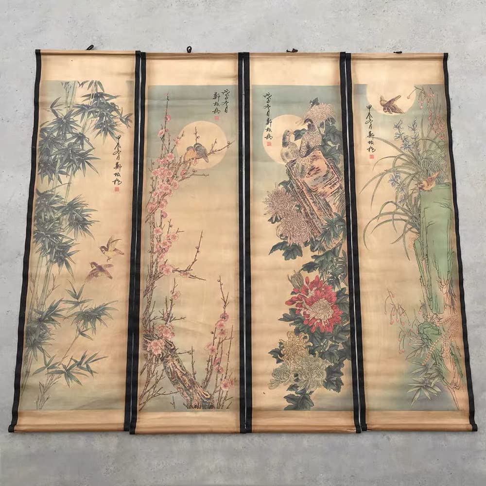 Vrfvsdasaas Multicolore Chinese Wall Art, 4Pcs/Set Antique Scroll Painting Flower Bird Pattern Screens Hanging Decor