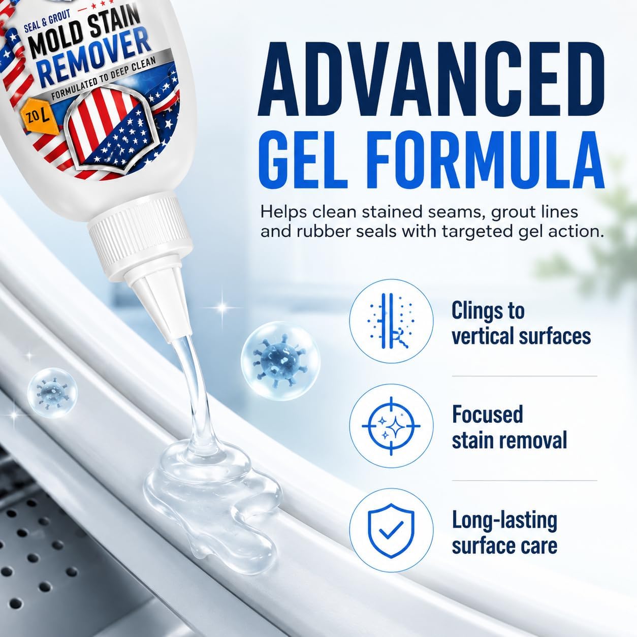 Mold Stain Remover Cleaner Gel 7oz, Powerful Thick Stain Remover with Brush, for Tile Lines, Sink Edges, Shower, Washing Machine Gasket, Rubber Loader Seal, Bathroom Grout, for Hard to Reach Stain image 3