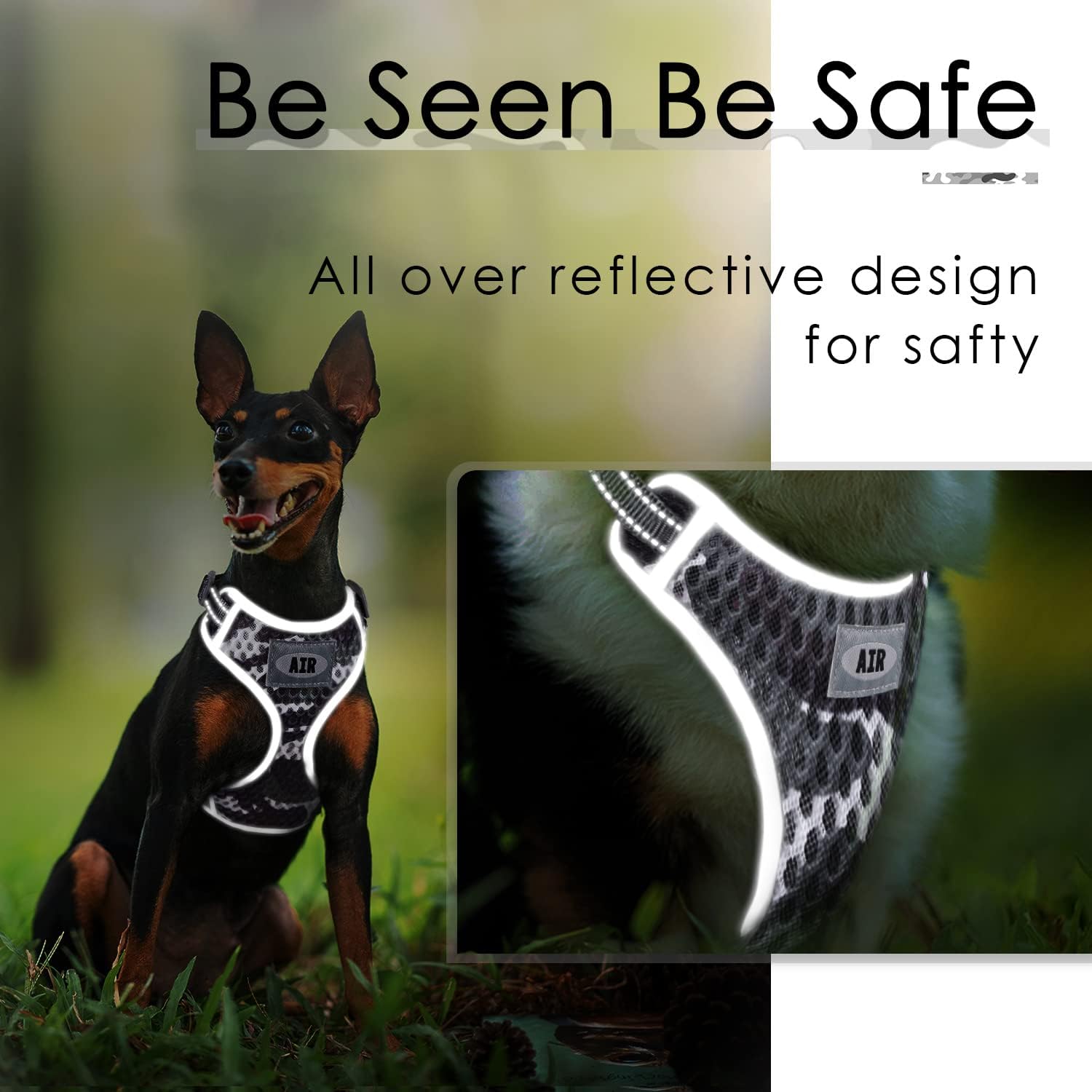 AIR Dog Harness Leash Set, Puppy Leash Harness, No-Choke Dog Harness, Mesh Dog Harness, Comfortable Dog Harness, plus 4 ft Reflective Dog Leash with Padded Handle, Large, Camouflage Grey
