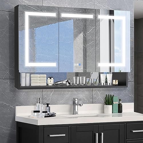 Miniatura 1 de Botiquines negros para baño con espejo, 48 pulgadas de ancho x 32 pulgadas de alto con luces, gabinete de medicina iluminado de superficie o