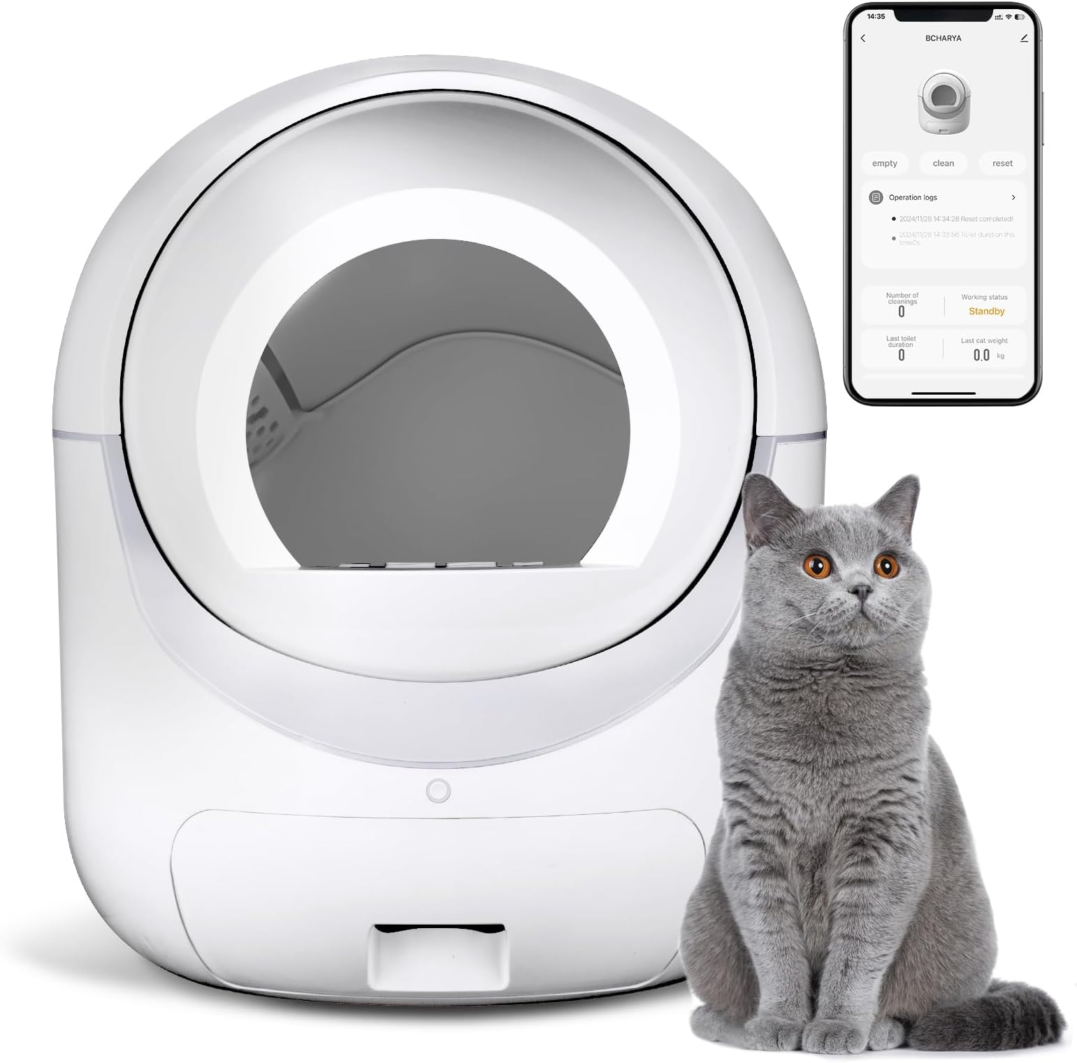 Self Cleaning Cat Litter Box, Automatic Cat Litter Box with APP Control Odor Removal Safety Protection for Multiple Cats, White (AUTOCLEAN-1)