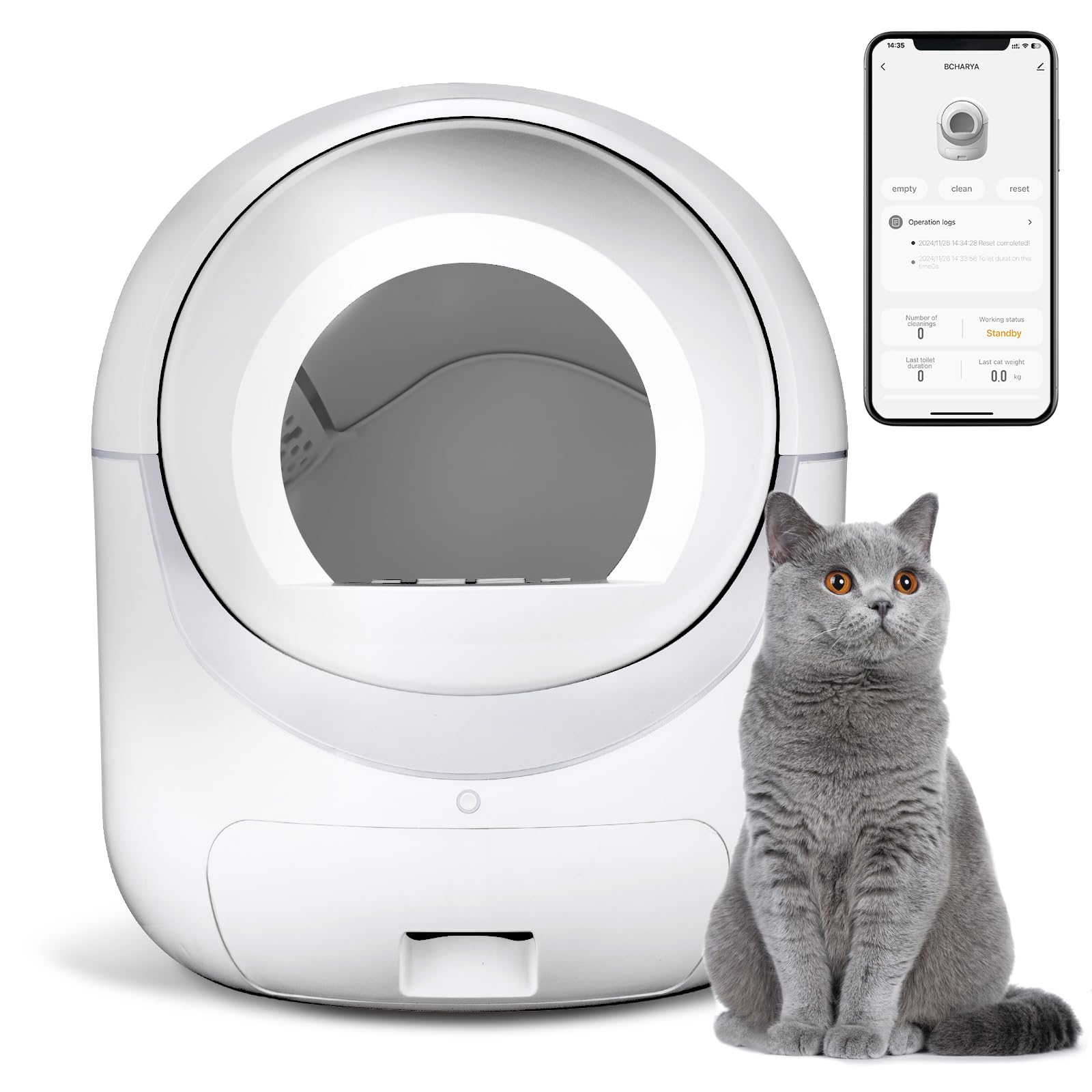 View 1 of *** MISSING POWER CORD ** Cleanpethome Self-Cleaning Cat Litter Box - White, APP Control