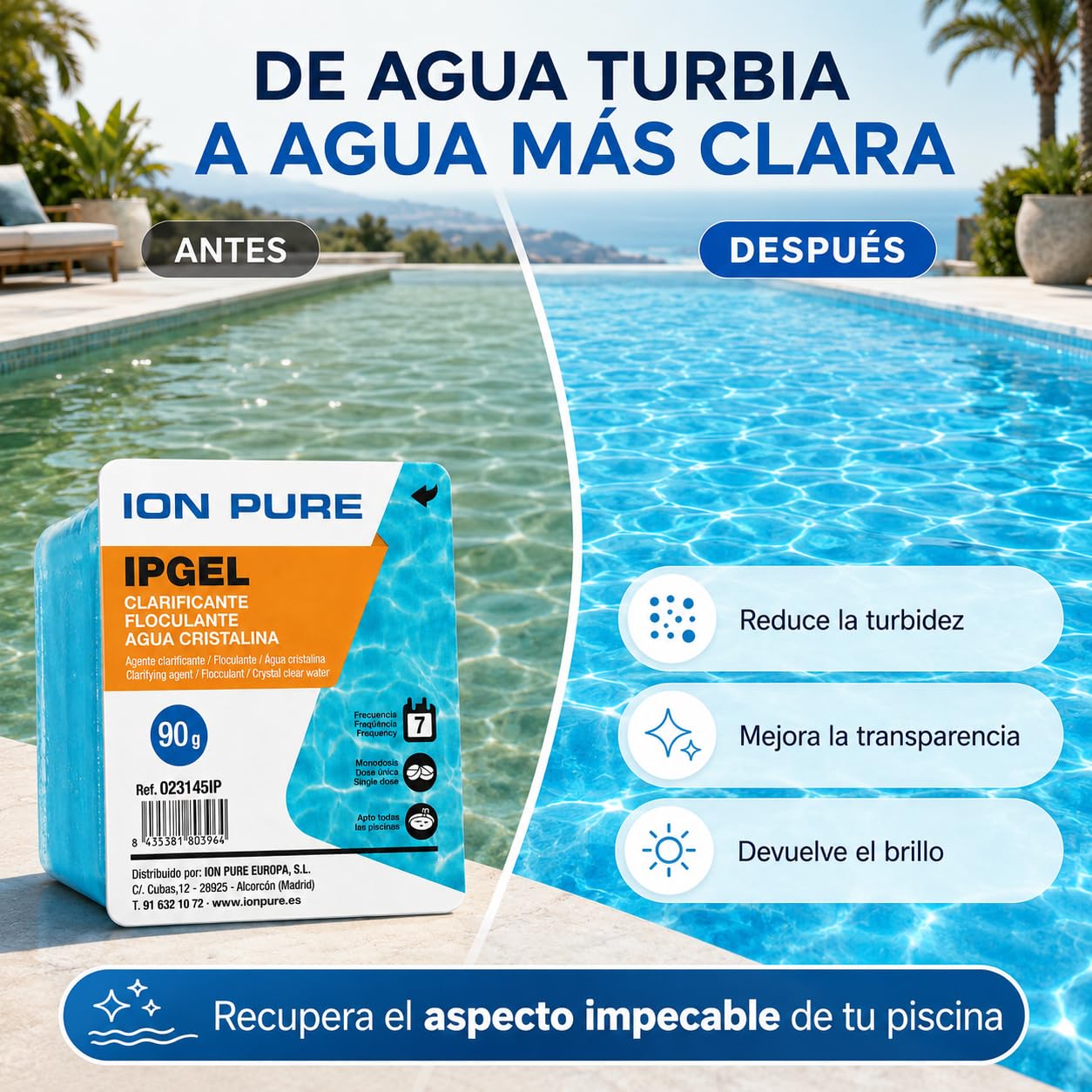 IPGEL Gel Floculante y Clarificante para Piscina, Monodosis de 90 g, Pack de 12 Unidades, Tratamiento Semanal, Apto para Todo Tipo de Piscinas