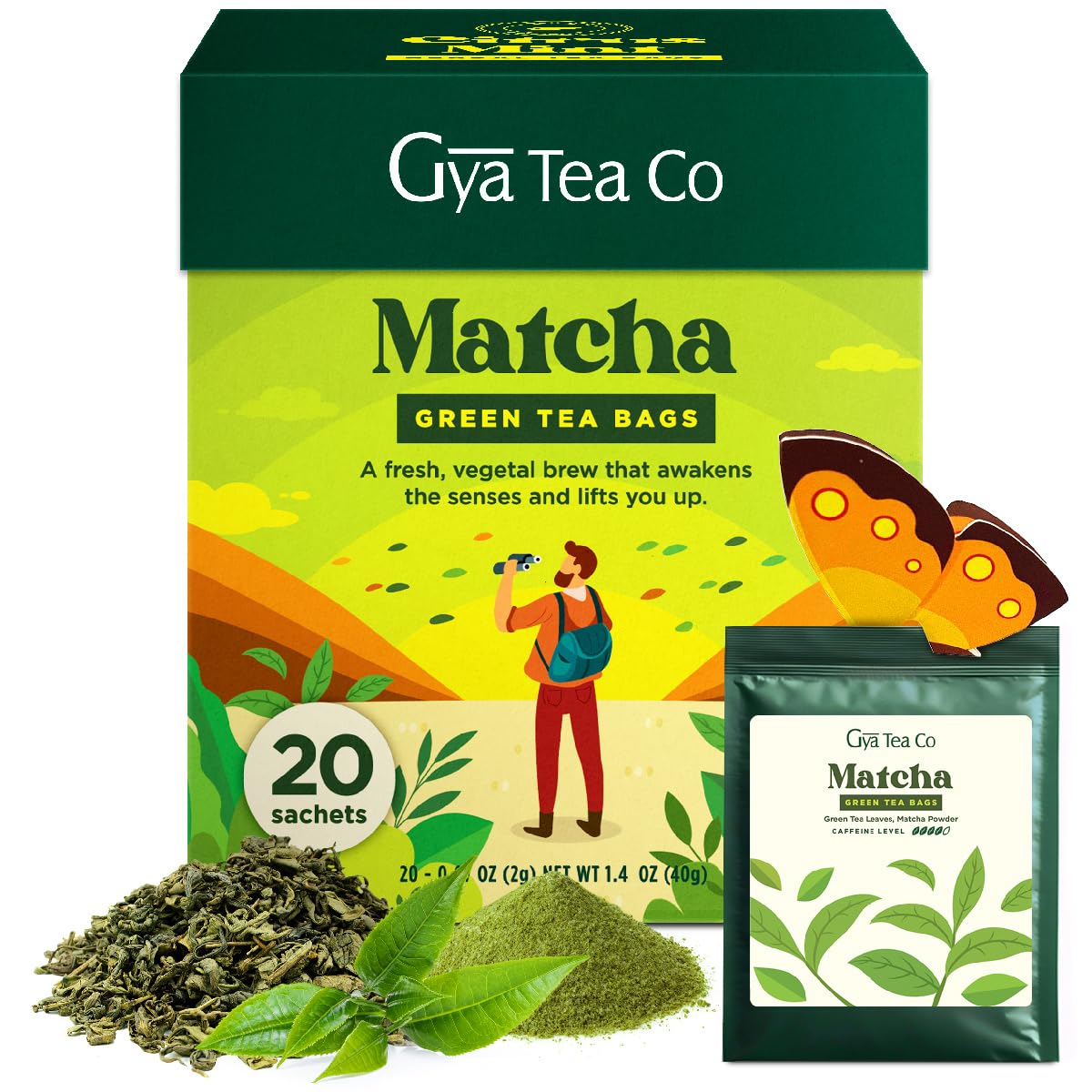 Matcha Green Tea Bags (20 Bags) - High Caffeine Smooth Tea with Fresh & Silky for Morning Refresh & Digestive Health