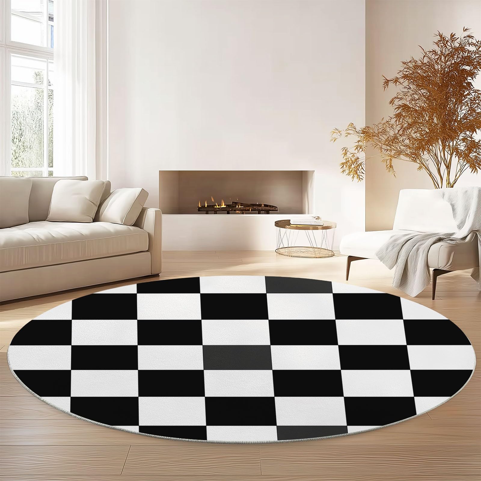 Tapis Rond de 140 cm en Flanelle Douce aux Motifs de Carreaux et Rayures Noir et Blanc. Un Classique indémodable pour Habiller Le Sol d'une entrée, d'un Salon scandinave ou d'un Bureau.