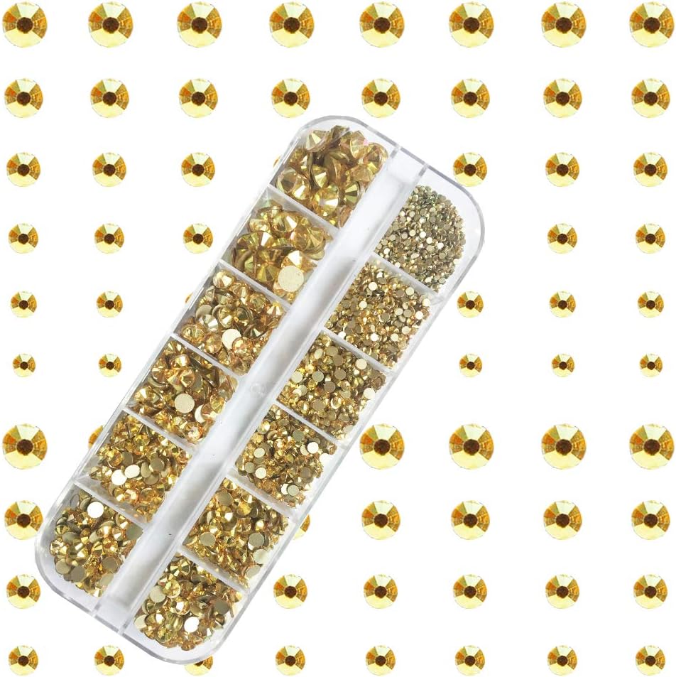 Dowarm 2650 Pieces Glue Fix Glass Flat Back Crystal Rhinestones Round Gems, 6 Sizes 1.5mm - 6.5mm, Non Hotfix Flatback Crystals Loose Gemstones for Crafts Nail Face Art Clothes (Metal Sunlight/Gold) : Beauty & Personal Care