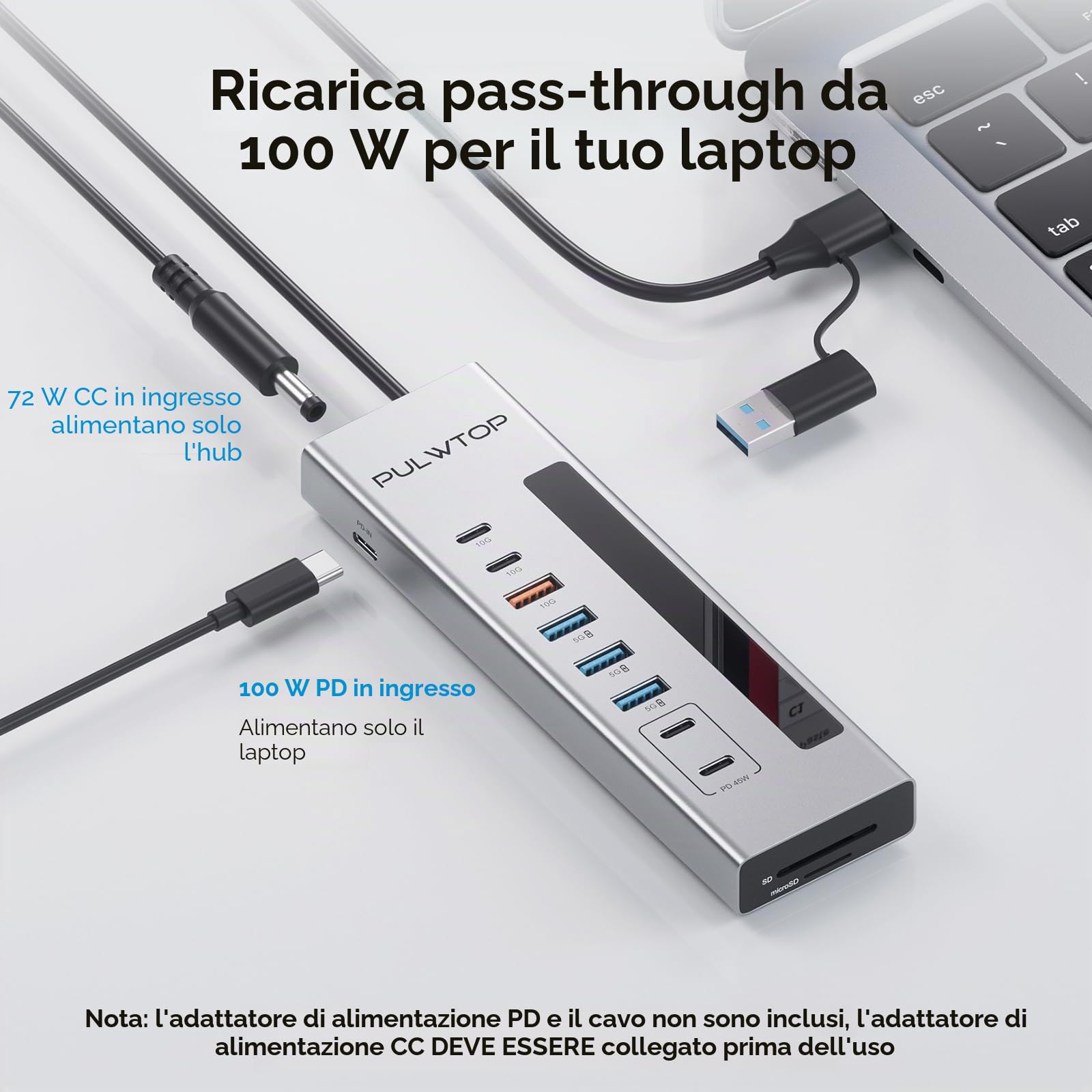 Hub USB C alimentato, hub USB con 2 porte di ricarica Type-C PD da 24/45 W | PULWTOP USB Hub con SD/TF, USB C 10Gbps, USBA 5/10Gbps e 24/45W Type-C PD Charging Ports, 72W Adapter Included