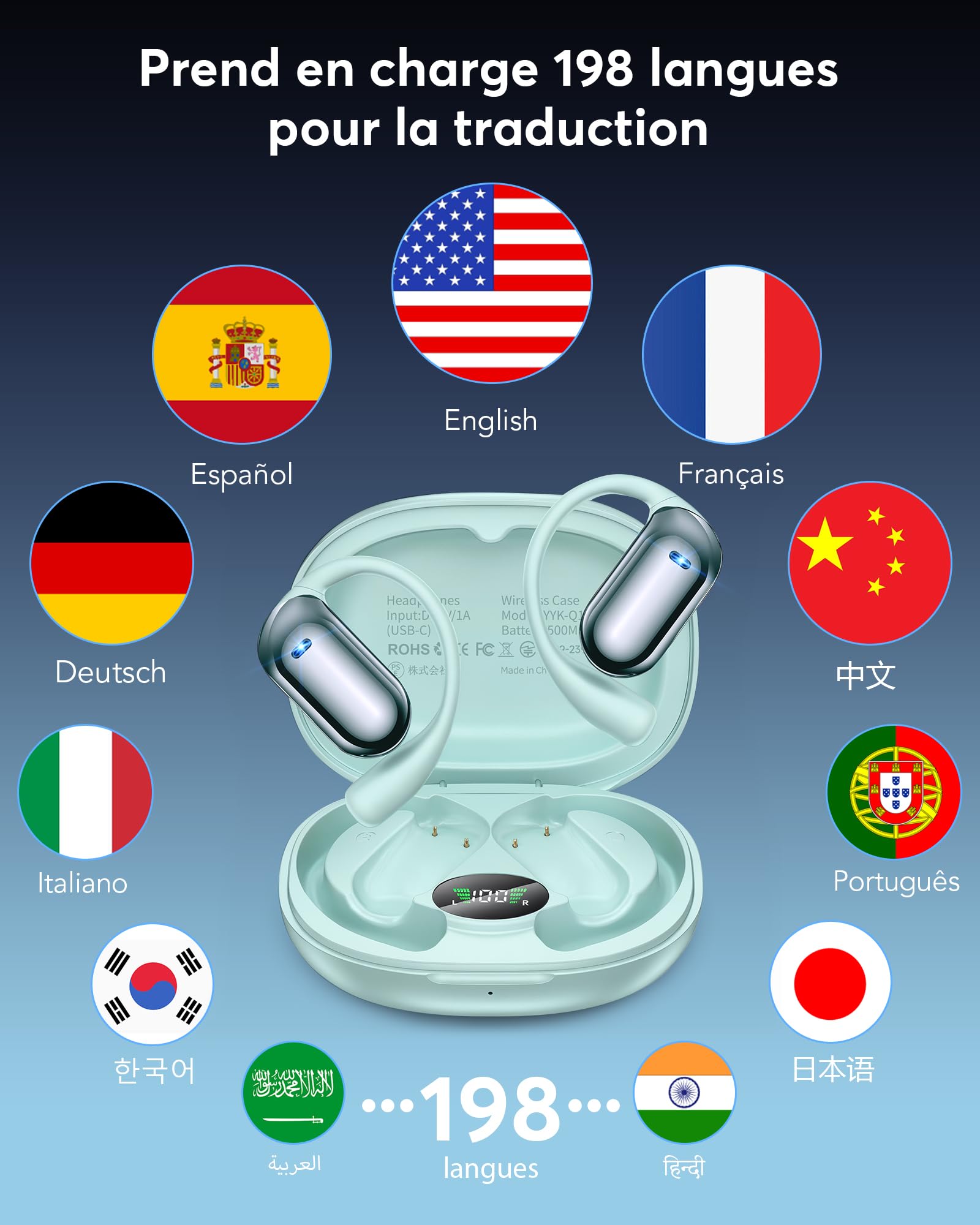 Écouteurs Traducteur Vocal AI Instantané Bluetooth 6.1, 198 Langues Fonction 3 en 1 Autonomie 80 Heures Affaires et Études