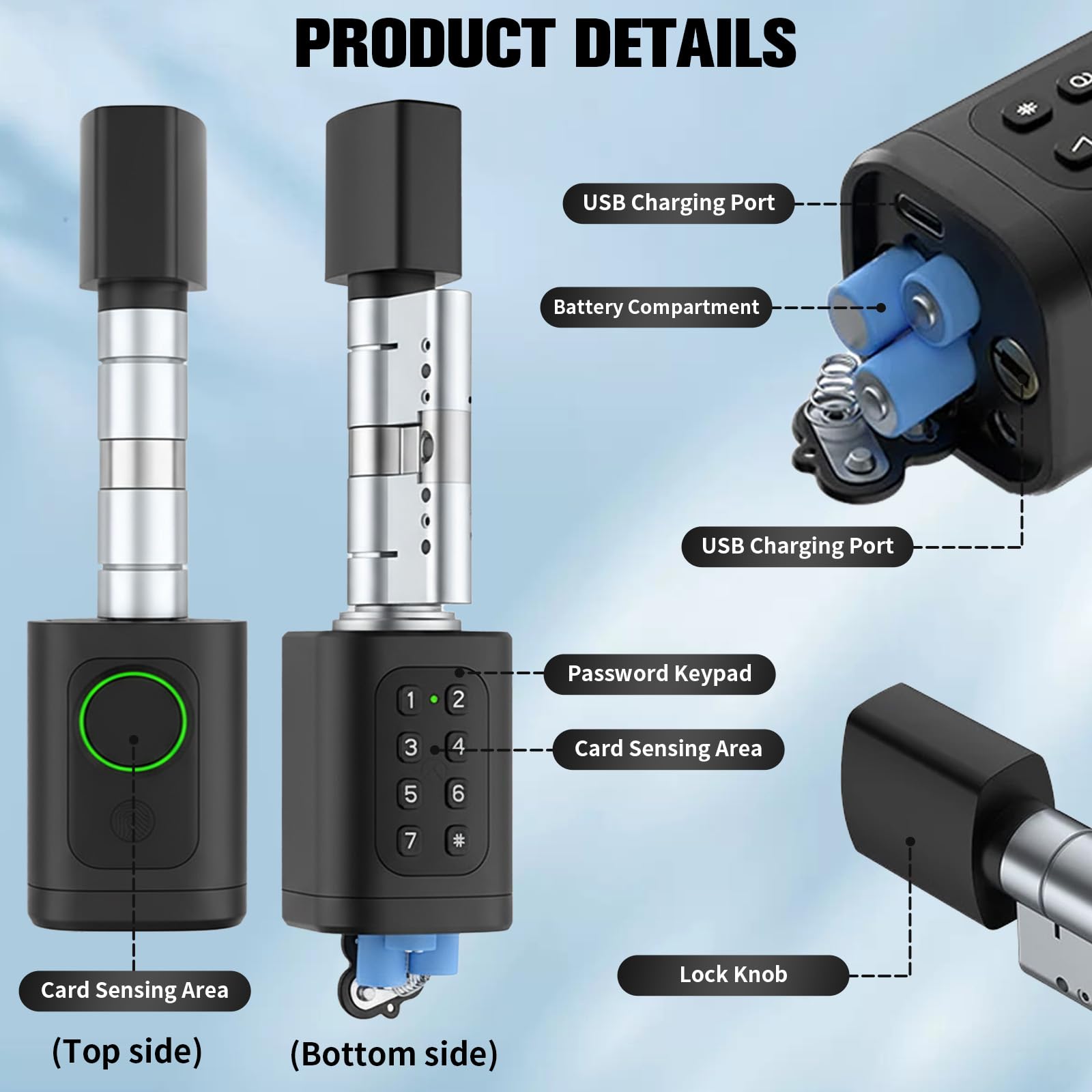 Electronic Door Lock Fingerprint, Smart Lock with Adjustable Lock Cylinder 60-90 mm, Front Door Lock with Fingerprint - Image 3