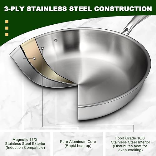 Miniatura 4 de EWFEN Sartén de acero inoxidable de tres capas de 12 pulgadas, compatible con todas las estufas de hasta 600 , sartén grande con tapas, sartén lista