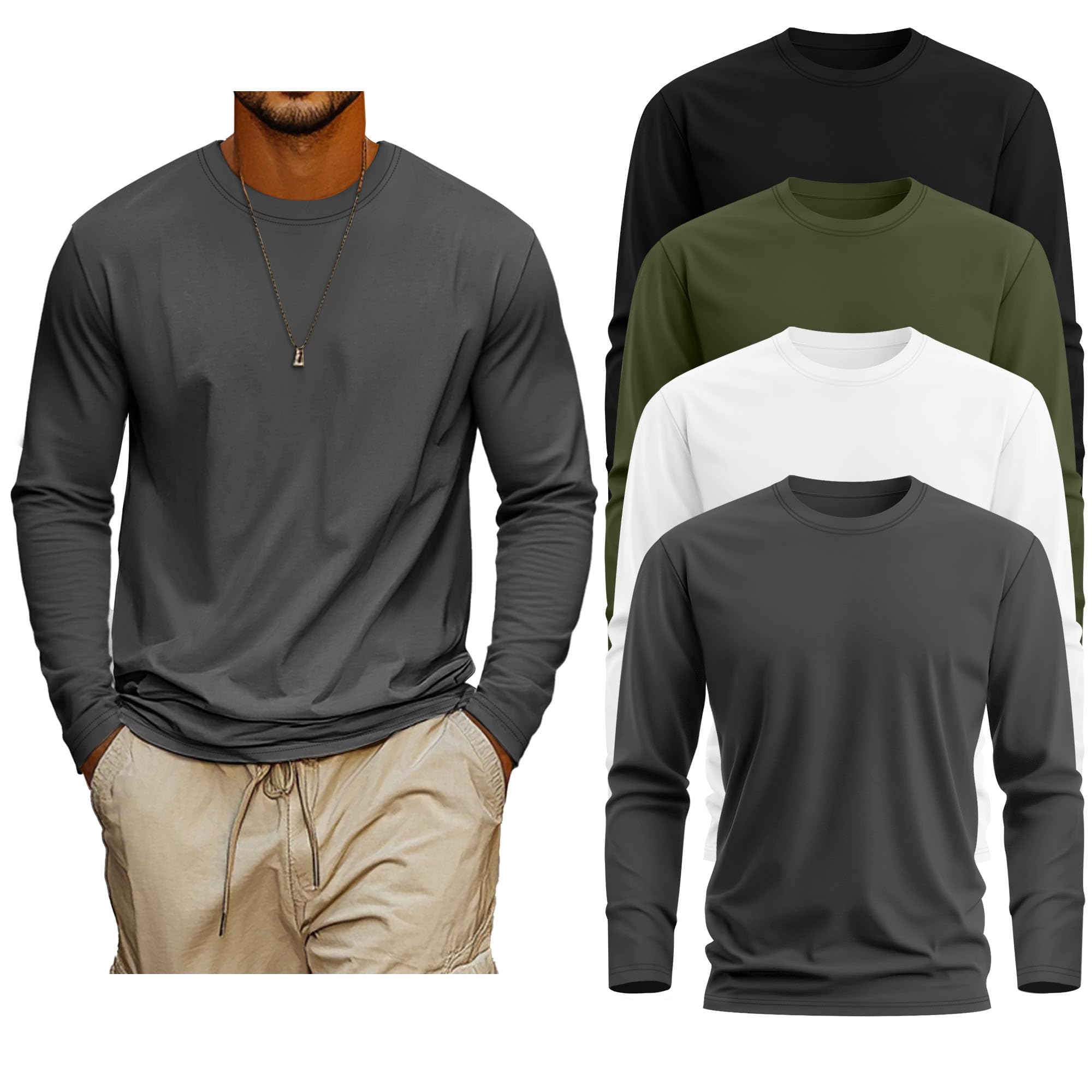 Neer 4 Pacchi di Magliette per Uomini Grandi e Alti, Top Base Casual a Collo Rotondo a Maniche Lunghe in 95% Cotone