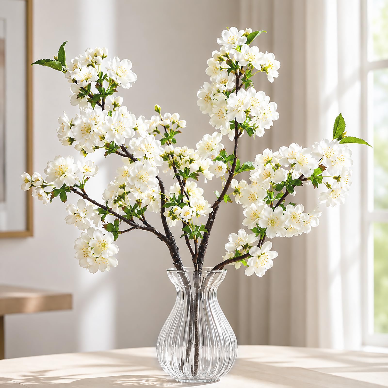Quelcc 3 Pcs Artificial Cherry Blossom Branches 49cm, White Plum Blossom Fake Flowers Tree, Stems Silk floral Plants Desk Spring Decoration for Wedding Office Party Table Home Decor (White)