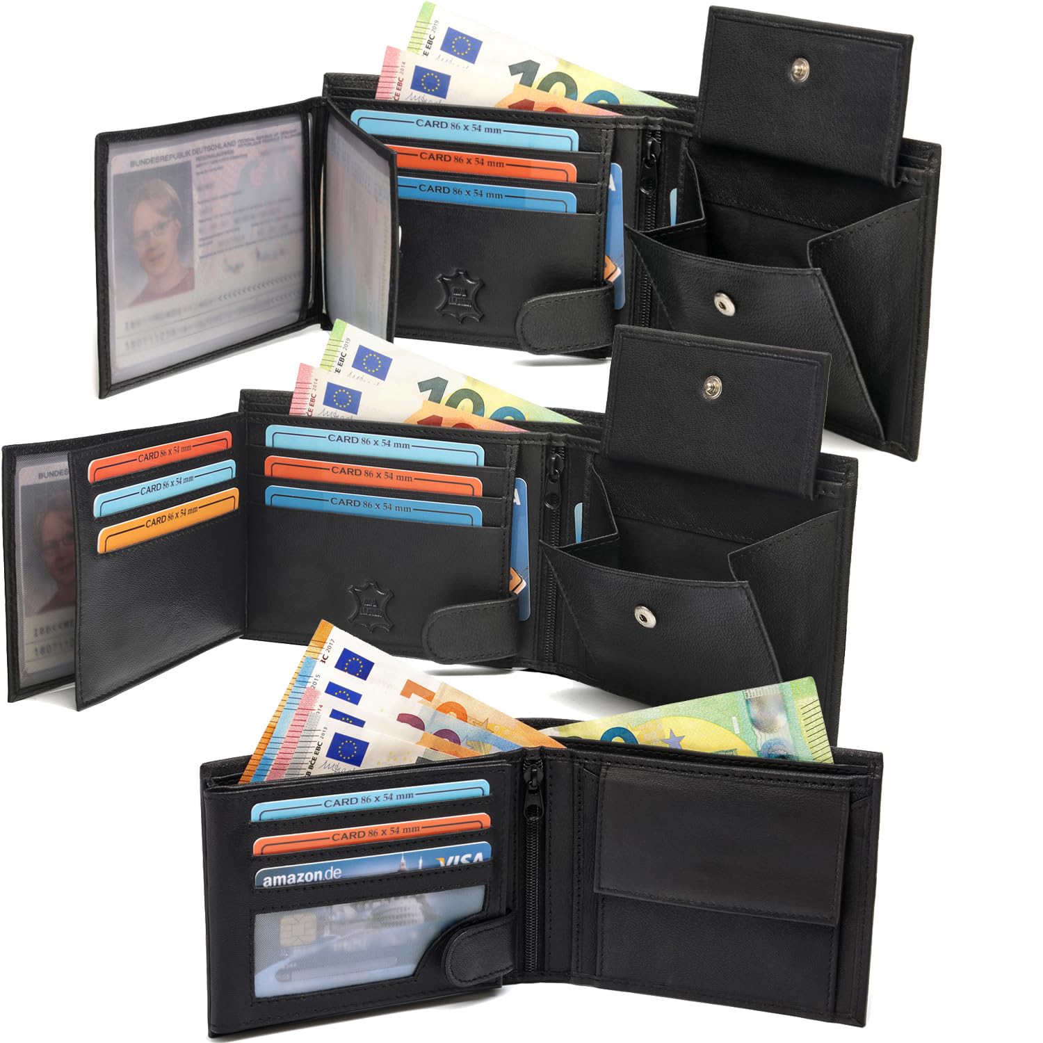 Fa.Volmer ® Skórzany portfel męski z ochroną RFID, bardzo stabilny, podwójny szew, 9 przegródek na karty kredytowe, format poziomy, VO11 RFID, różne kolory, M, Klasyczny