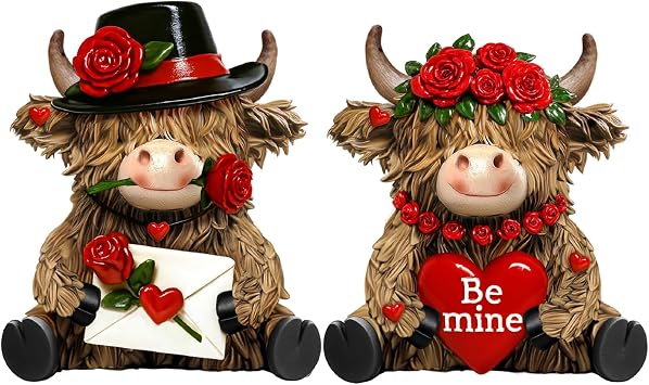 2 Pcs Wedding Highland Cow Figurines Decor Valentines Highland Cow Gnomes with Flowers Cute Romantic Brown Calf Resin Statue Lovers Gift for His Her Wedding Anniversary