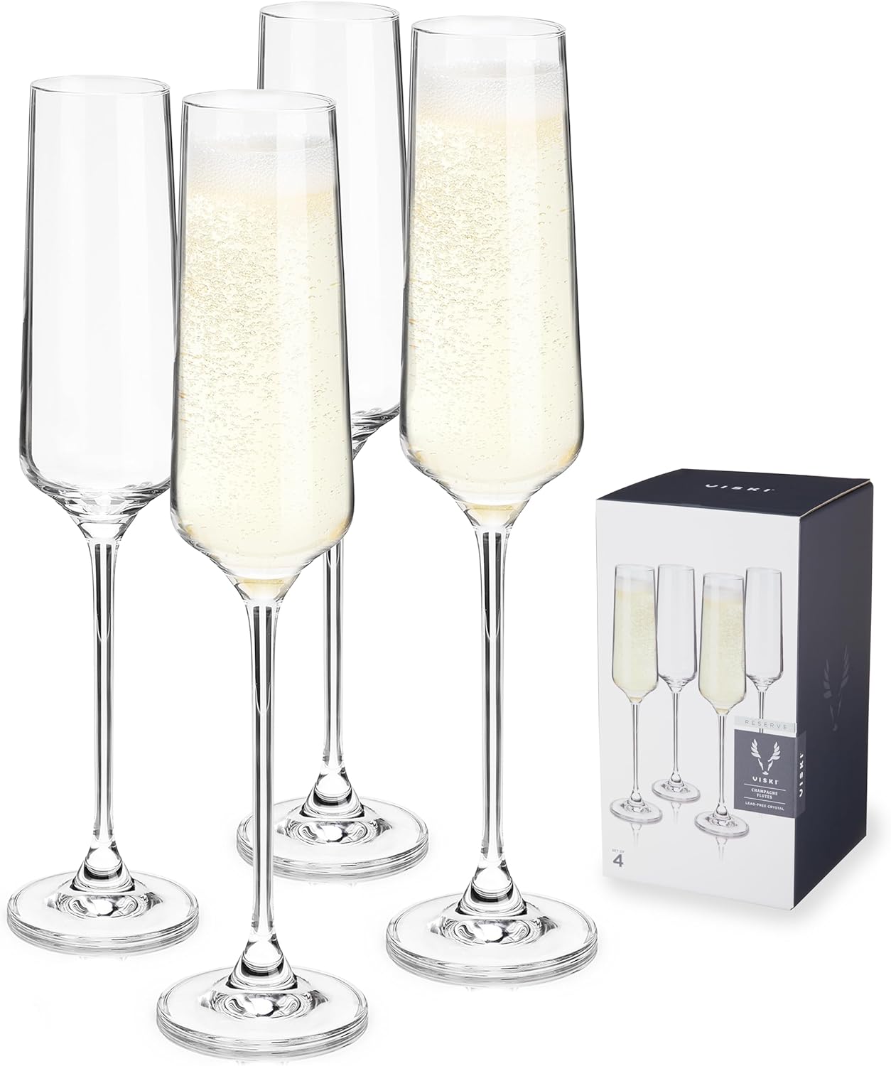 Viski Reserve Inez Champagne Flutes, Elegant Crystal Clear Champagne Glasses Gift Set for Sparkling Wine, Prosecco, Mocktails, Housewarming, Wedding Gifts, Home Bar, 6 oz, Set of 4