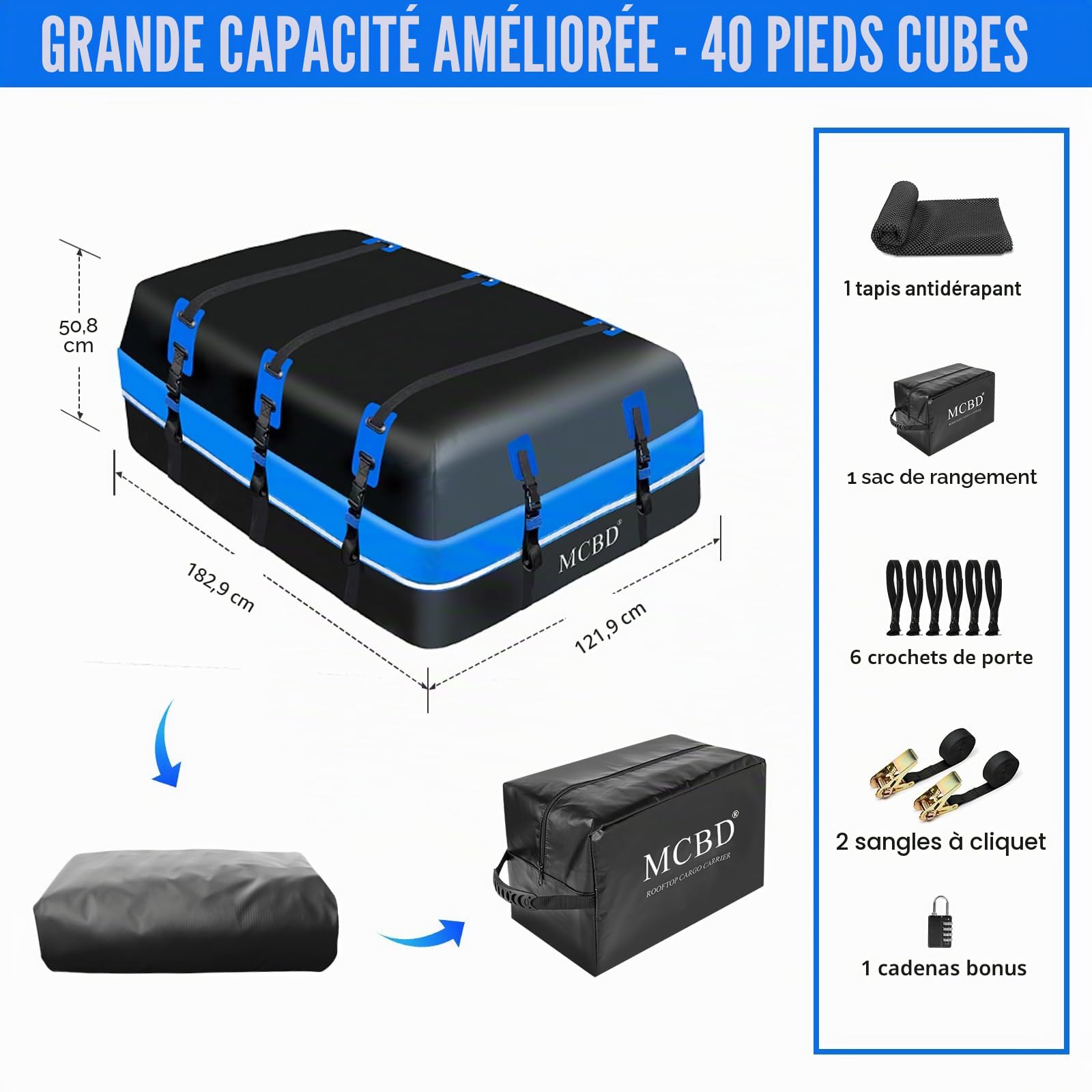 Coffre de Toit Voiture, 1132L Grand Sac de Toit Imperméable avec 2 Sangles à Cliquet 10 Sangles Renforcées 6 Crochets de Porte pour SUV Van avec/sans Barres de Toit, Bleu