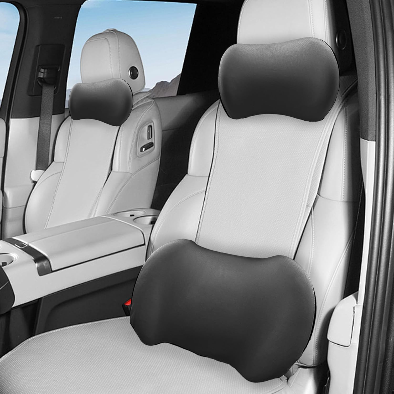 Car Headrest & Lumbar Support Cushion, Car Neck Pillow Kit, Memory Foam Ergonomic Car Headrest and Lumbar Support for Driving Fatigue Relief, Comfort and Support Your Neck and Back, (one Set Black)