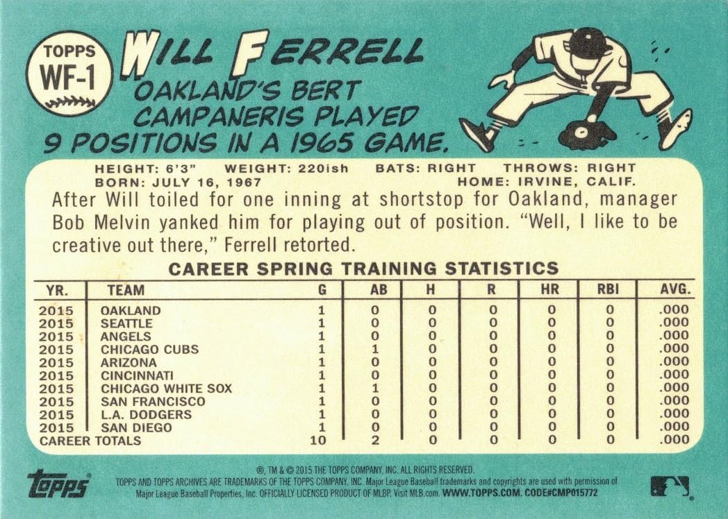 2015 Topps Archives Will Ferrell #WF-1 Will Ferrell Baseball Card - Oakland Athletics (A's)