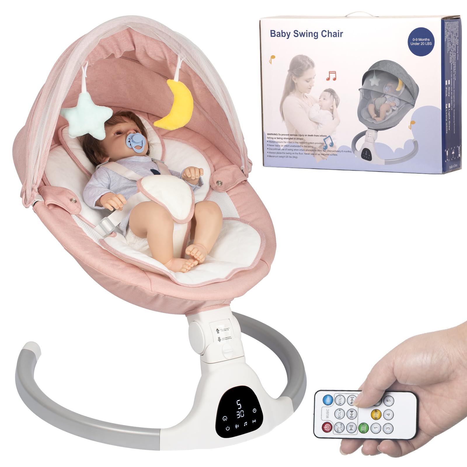 JFOVMCYG Electric Baby Swing for Infants, with Bluetooth Remote Control Timing Function and 10 Music 5 Swing Speeds 3 Seat Positions Baby Bouncer for