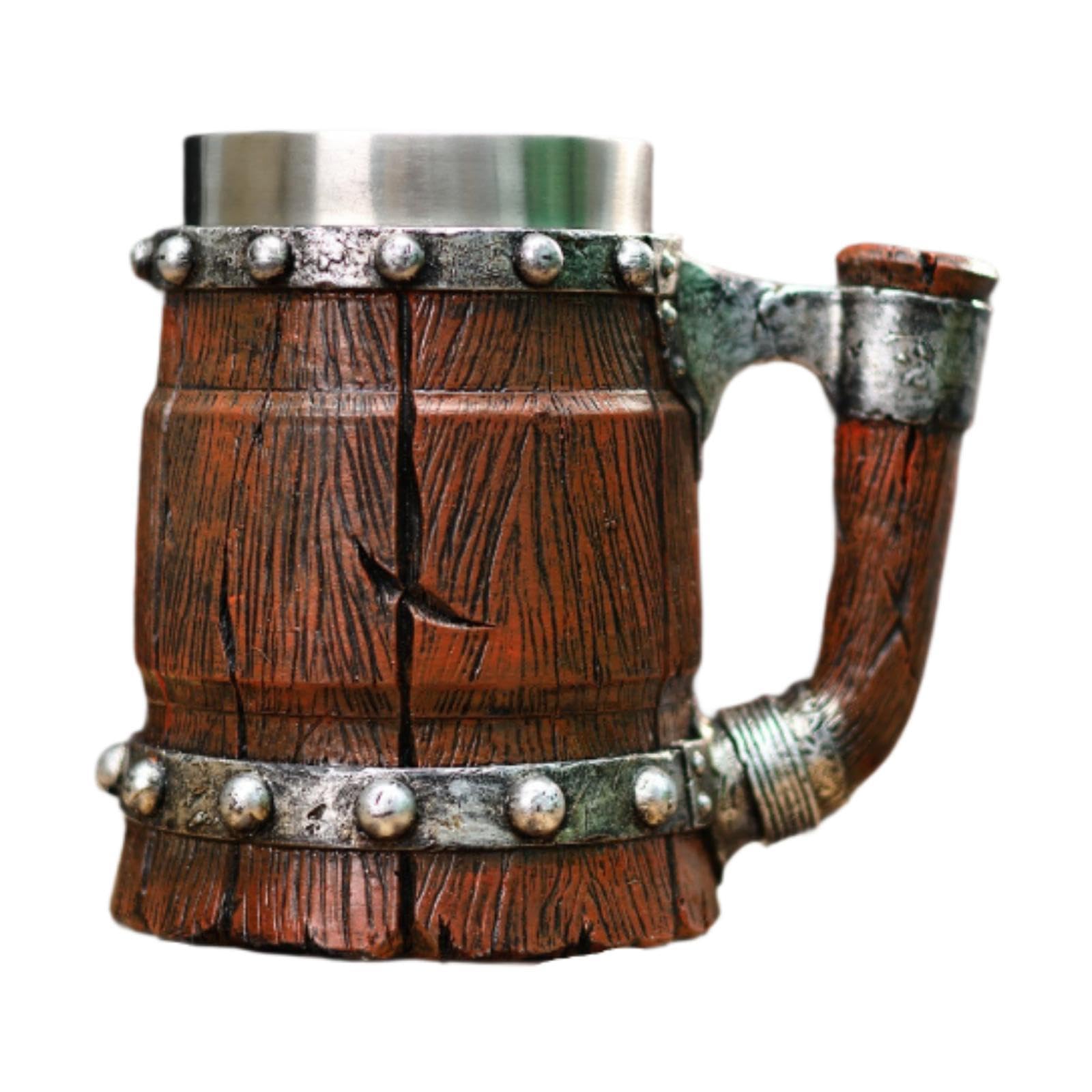 Mug à bière baril au design classique haut de gamme en résine bois et acier inoxydable