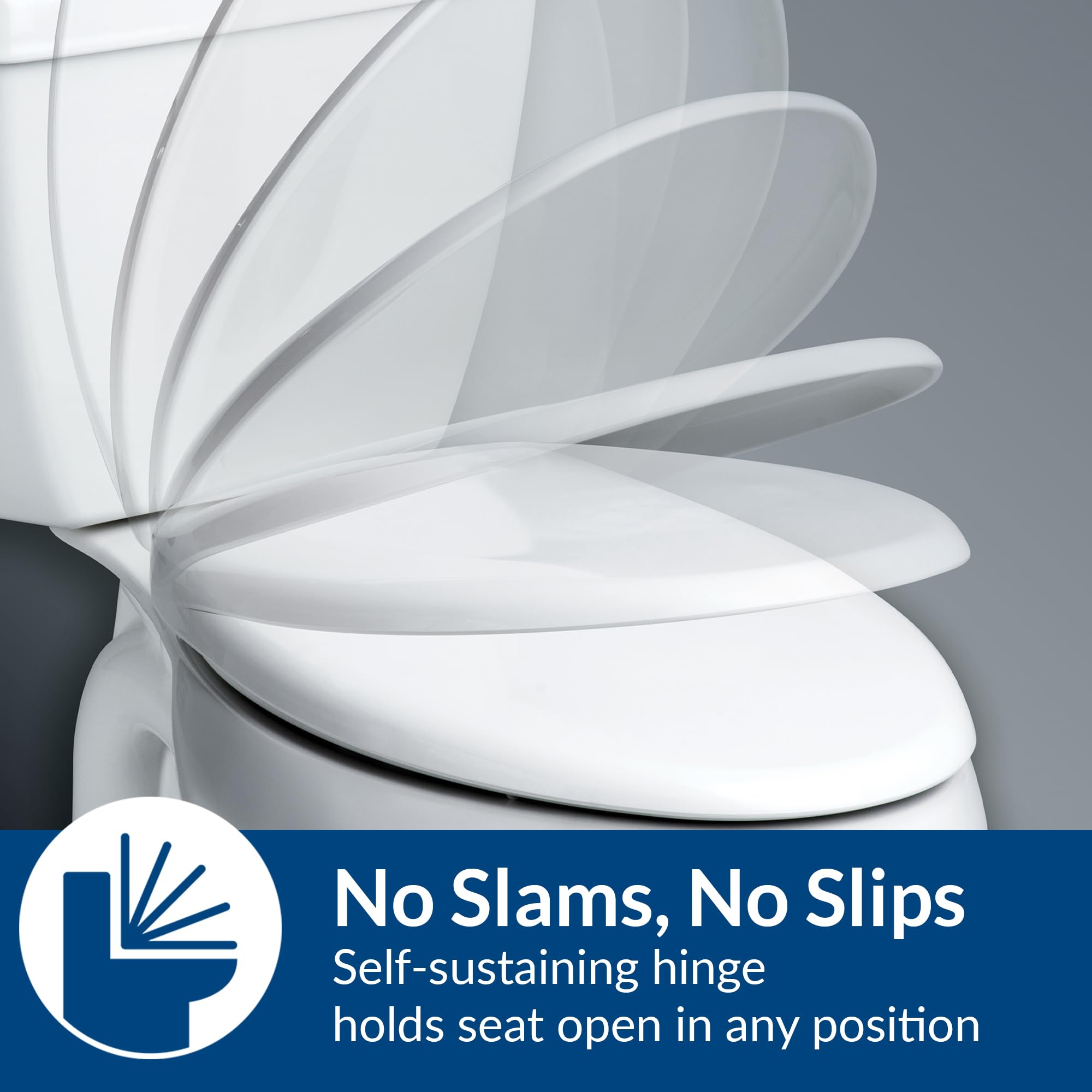 Bemis 1055SSC 000 Lunette de Toilette allongée en Plastique Ouvert sur Le Devant avec charnière Auto-agrippante, Blanc, Elongated-No Slam Hinges