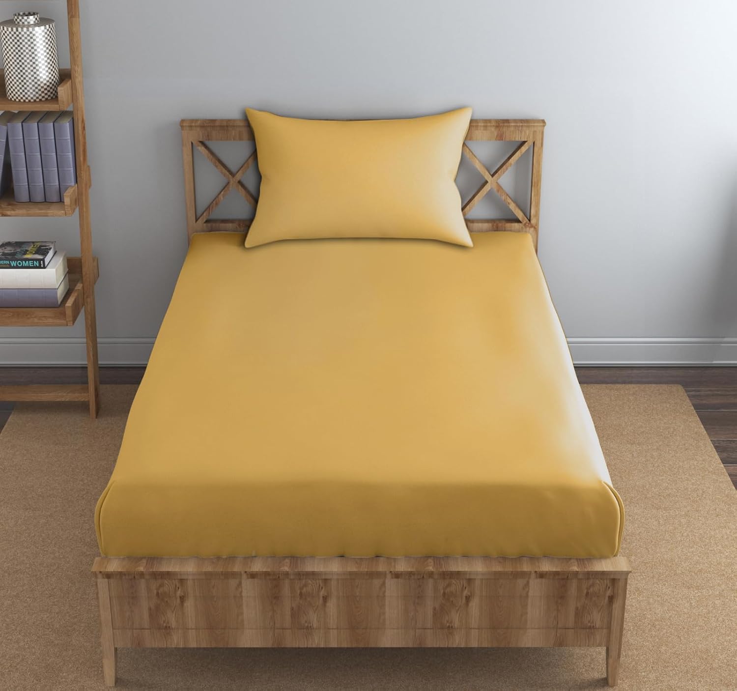 Trance Home Linen Premium 300 TC Pure 100% Cotton Single Size Fitted Bedsheet with 1 Pillow Cover (78 x 36 inch, Gold | All Side Elastic)