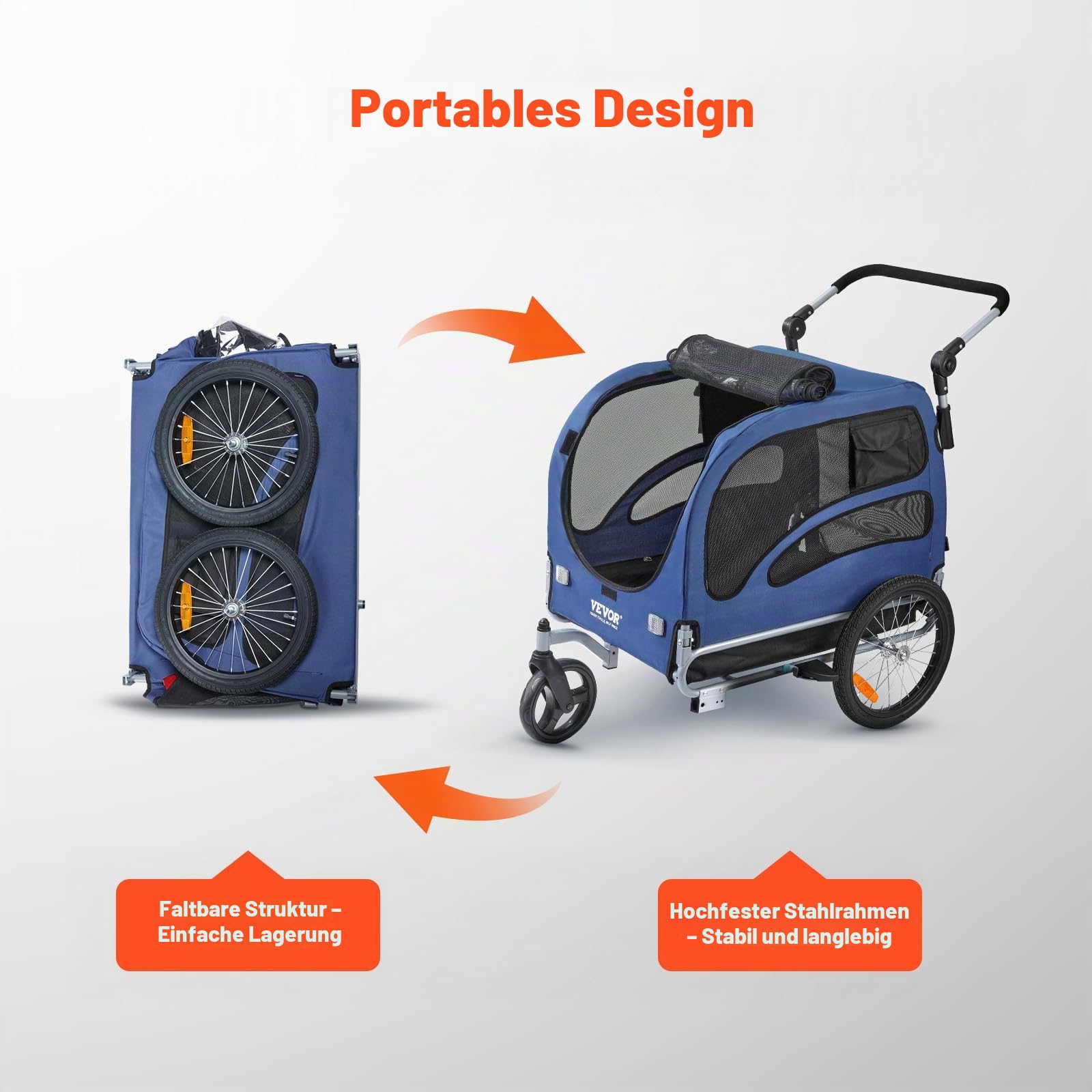 VEVOR Hundeanhänger 45 kg 2in1 Fahrradanhänger Kohlenstoffstahl + 600D Oxford-Gewebe + PP faltbar 1440 x 725 x 845 mm als Anhänger 1320 x 725 x 920 mm als Kinderwagen Hundebuggy Jogger Anhänger Blau