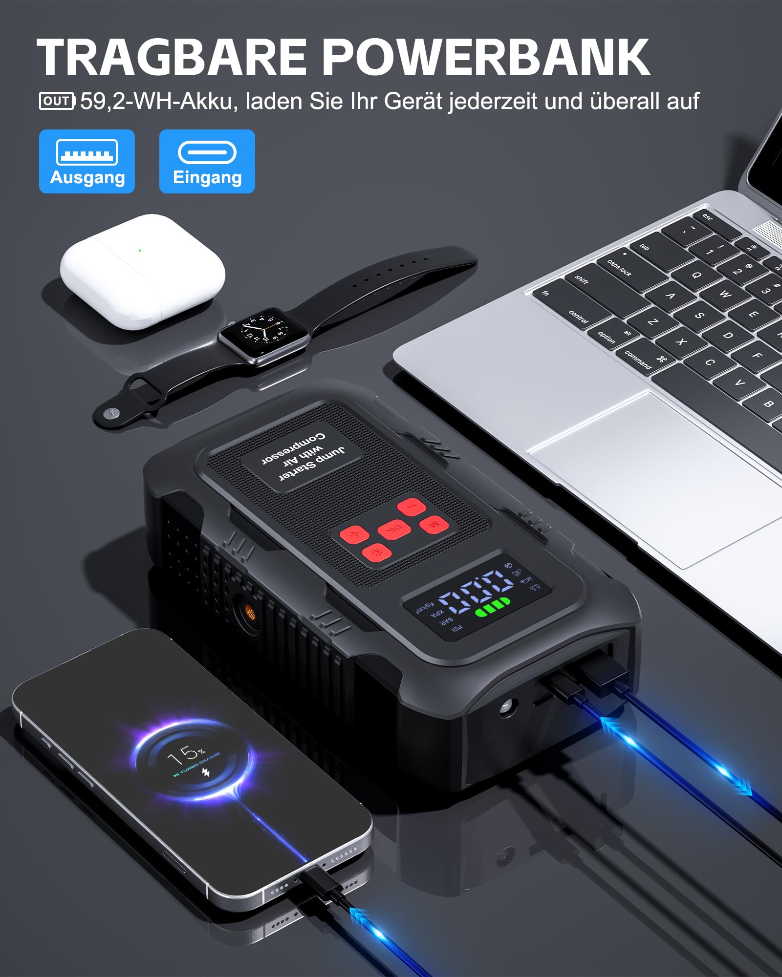 Povasee Starthilfe Powerbank für Pkw mit Kompressor 150 PSI, 6000A Starter Powerbank mit Elektrische Luftpumpe, 12V Auto Starthilfe (10L Benzin/8L Diesel), Jump Starter mit Taschenlampe (Rot)