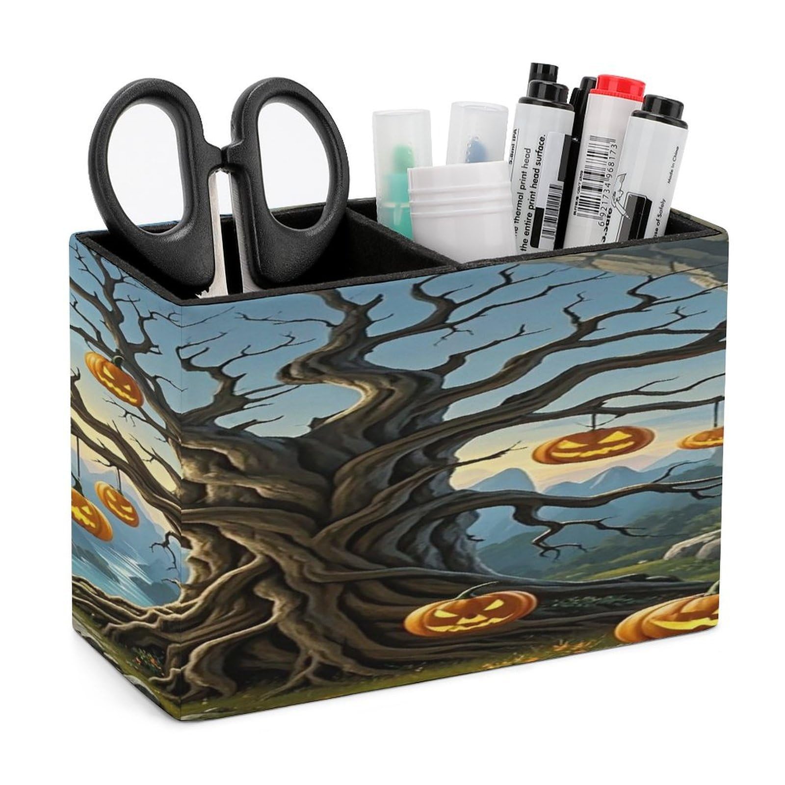 LZQPOEAS Dried Tree Pumpkin Lantern Leather Pen Holder with 2 Compartments Luxury Pencil Holder Minimalist Pencil Cup Brush Scissor Holders Elegant Pen Cup for Office Home Desk Accessories