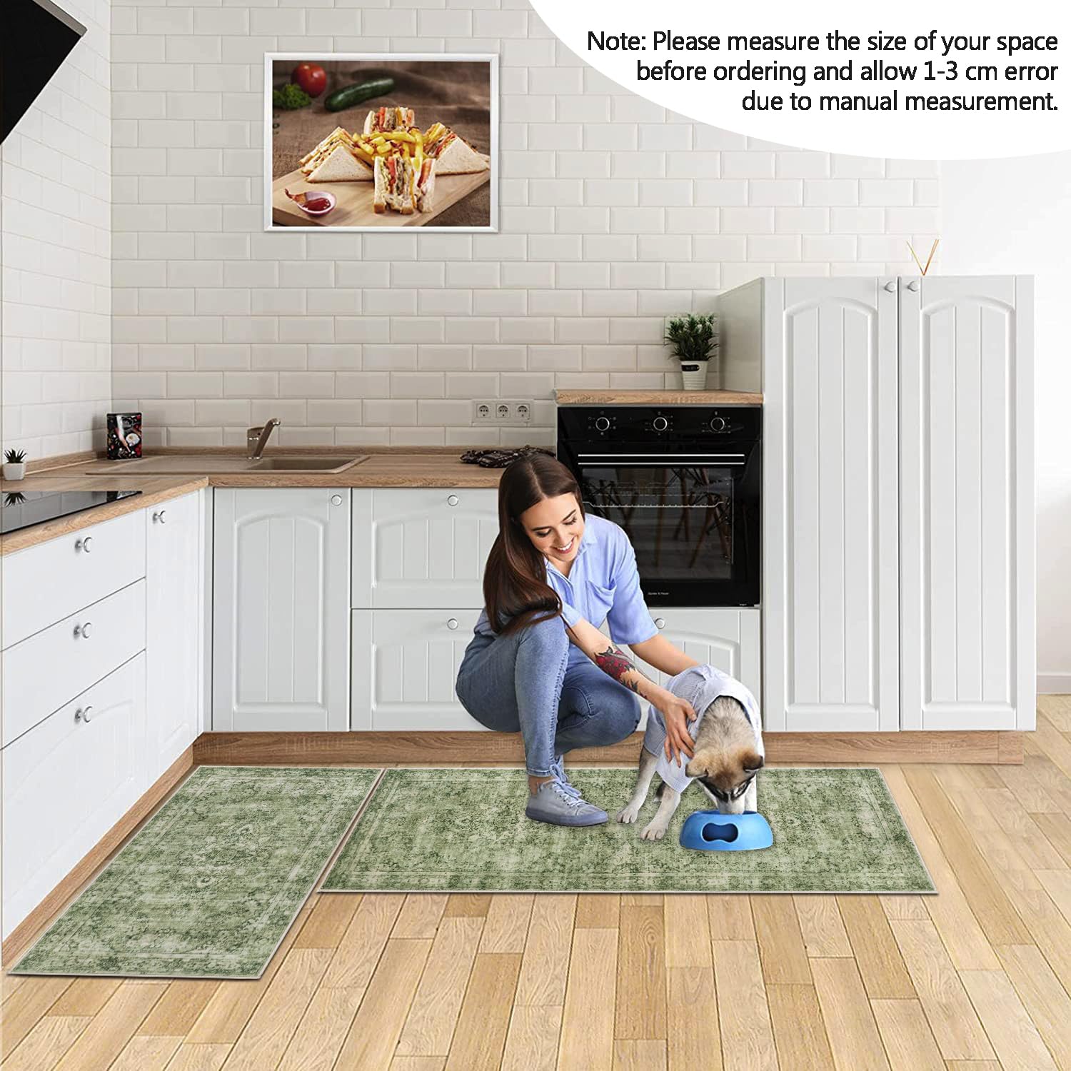 Cekene Tapis de couloir vintage antidérapant et lavable, absorbant style bohème pour cuisine, chambre à coucher, entrée, buanderie (vert, 50 x 80 cm + 50 x 120 cm)