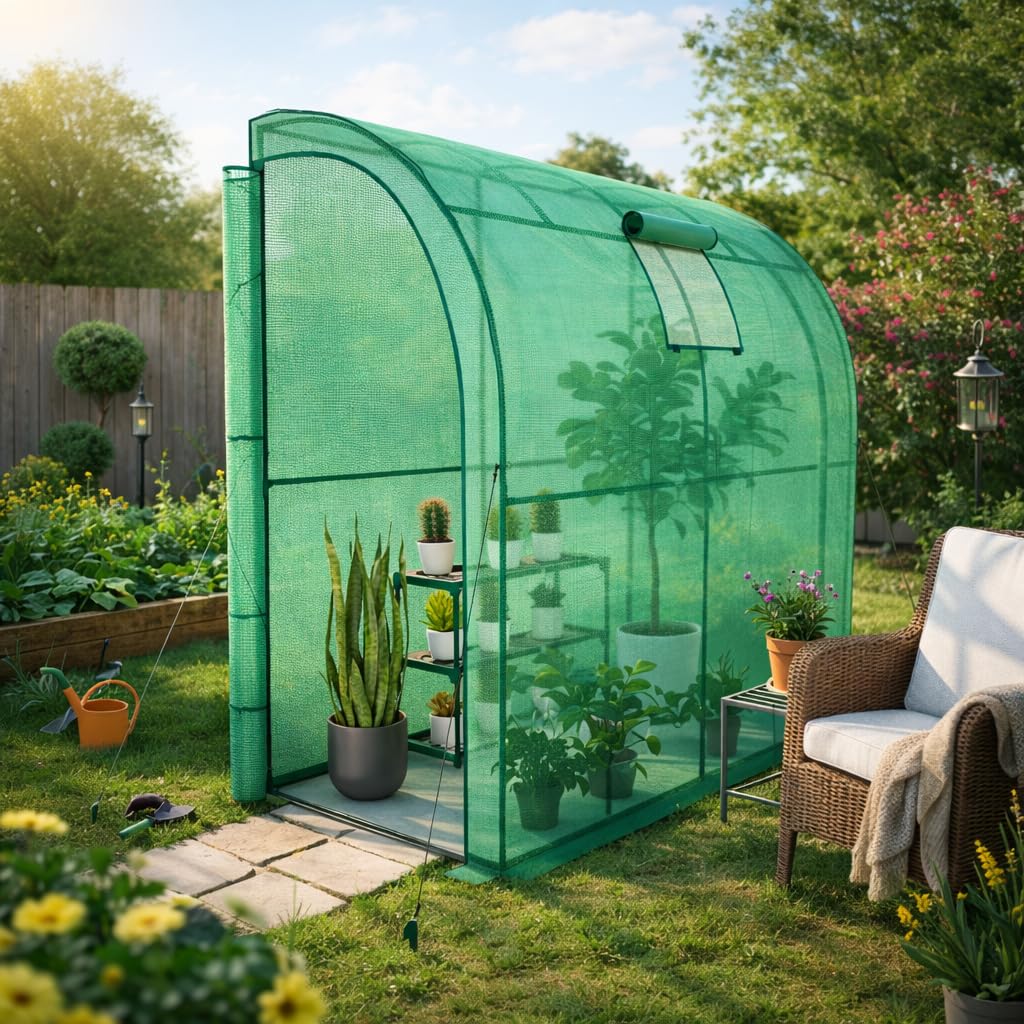 KANWOD Serra a Parete da Giardino con Scaffale, Finestra e 2 Porte Avvolgibili, Invernale, Robusta, Stabile e Facile da Montare, Serra orto per Protezione Piante, Verdure, Fiori 200x100x210 cm, Verde