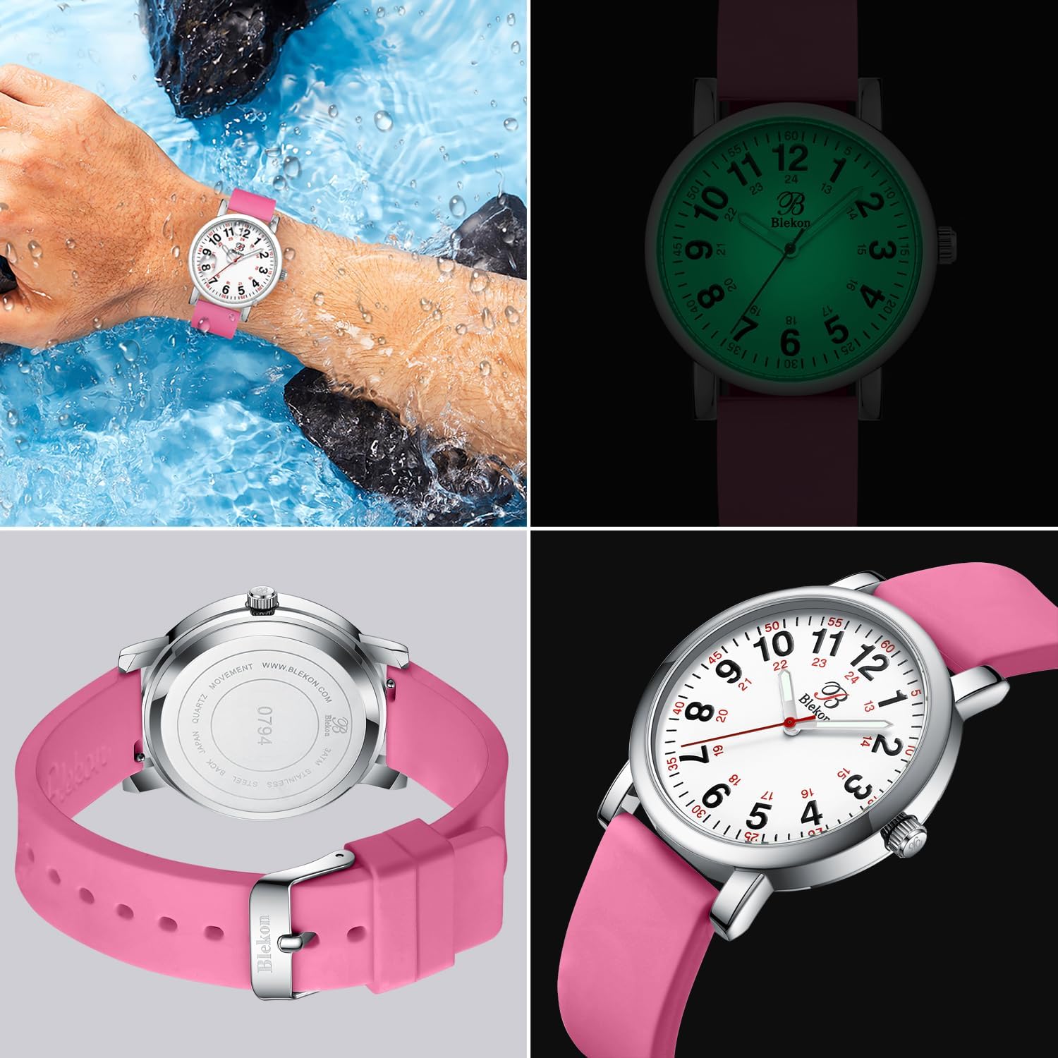 Blekon Original Nurse Watch with Second Hand – Nursing Student Essentials Work Watches for Women, Clip-On Analog Wristwatch for Nurses & Medical Students with Sweeping Secondhand (White/Pink)