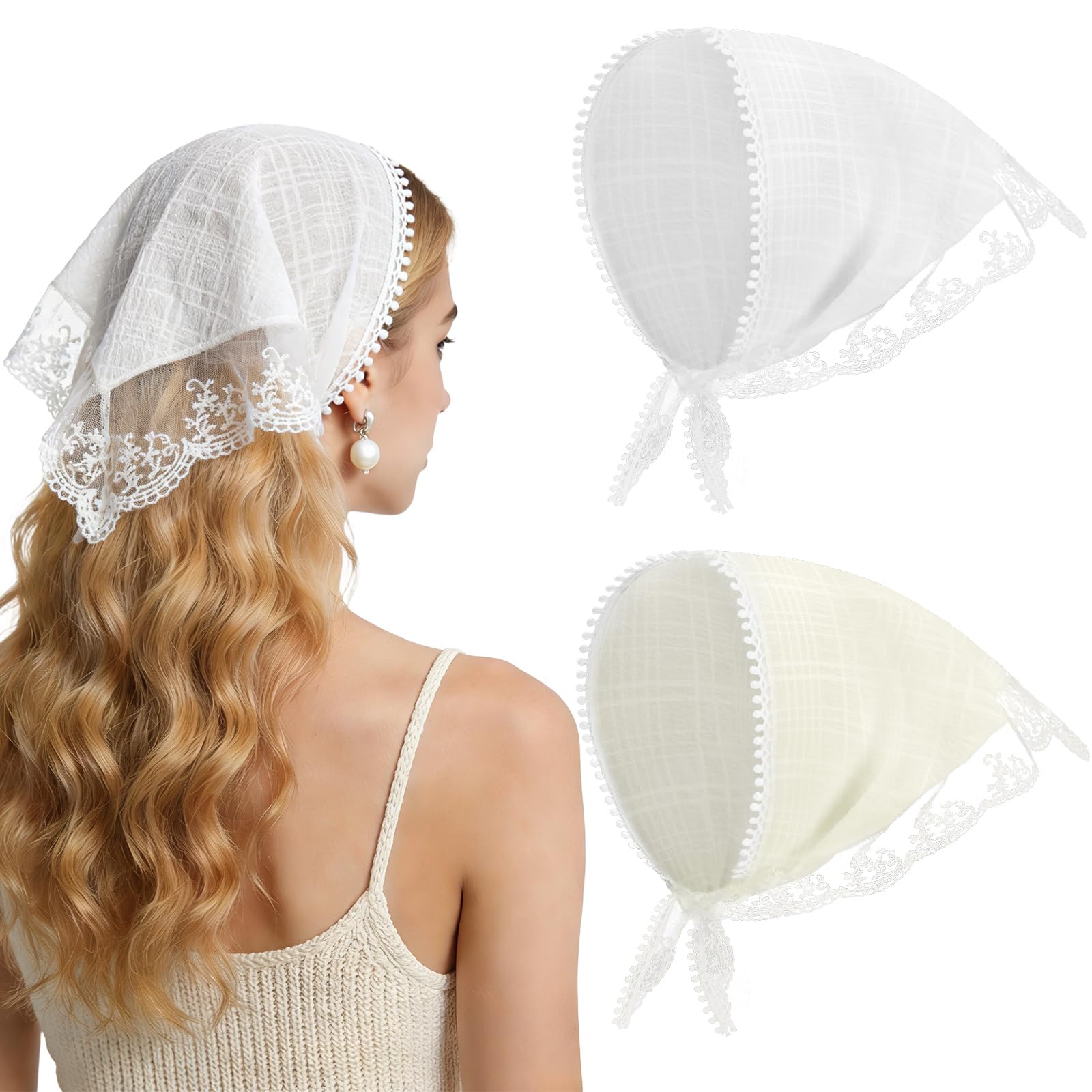 2 Pack Lace Head Scarf for Women Floral Triangle Hair Bandana Set