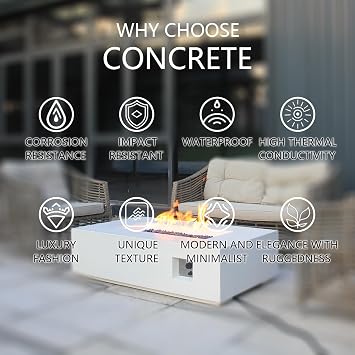 EXPLUX Outdoor Propane Gas Fire Pit Table 65,000 BTU 52-inch Concrete (GFRC) Rectangle Fire Pit for Outside Patio with 304 Stainless Steel Burner,Wind Guard,Crystal Blue Fire Glass,Rain Cover,White