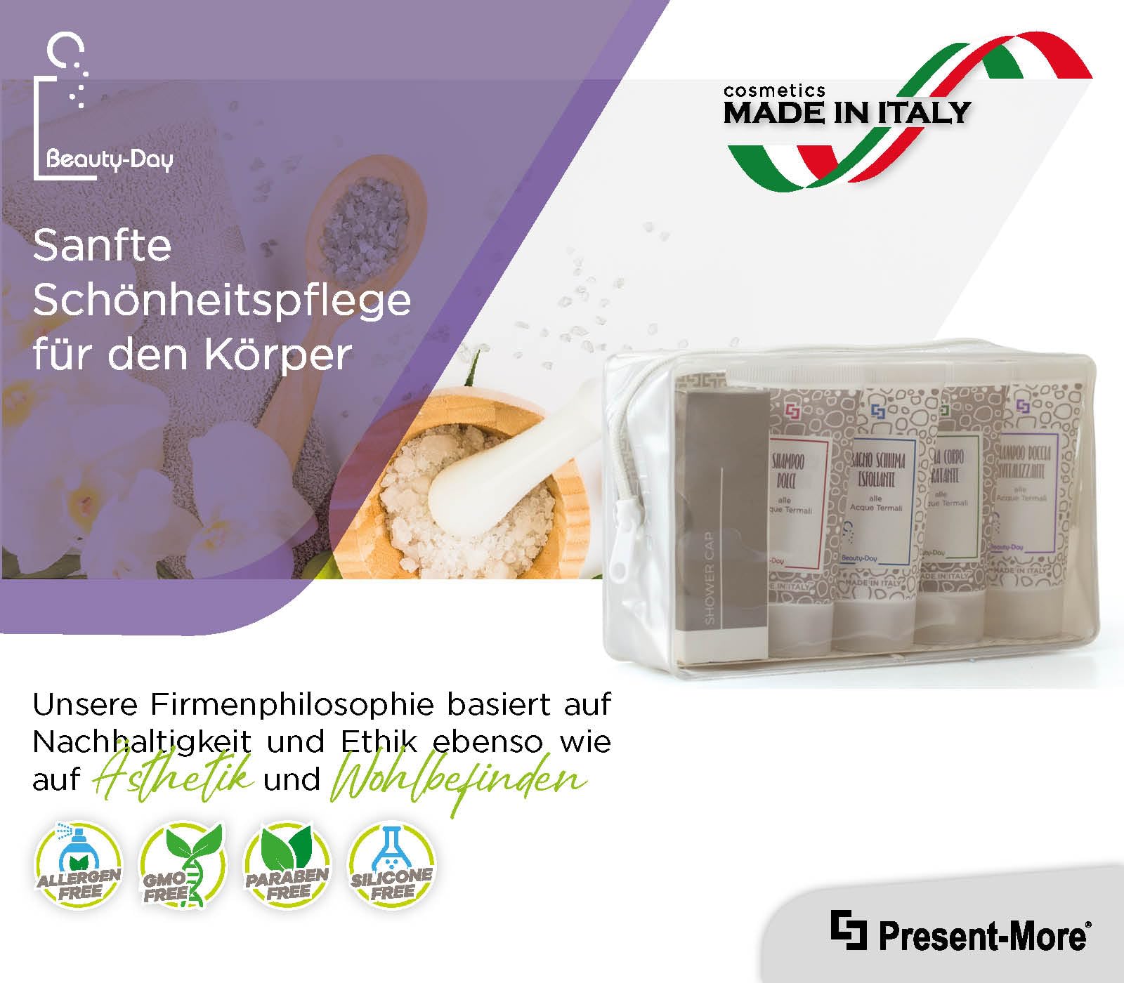 Present-More Amenities Kit Beauty-Day Italy - Welcome Gift Toilettenartikel 24 Gäste für Hotels und B&B | Allergenfreie Amenities Kit mit Duftnote Ylang Ylang