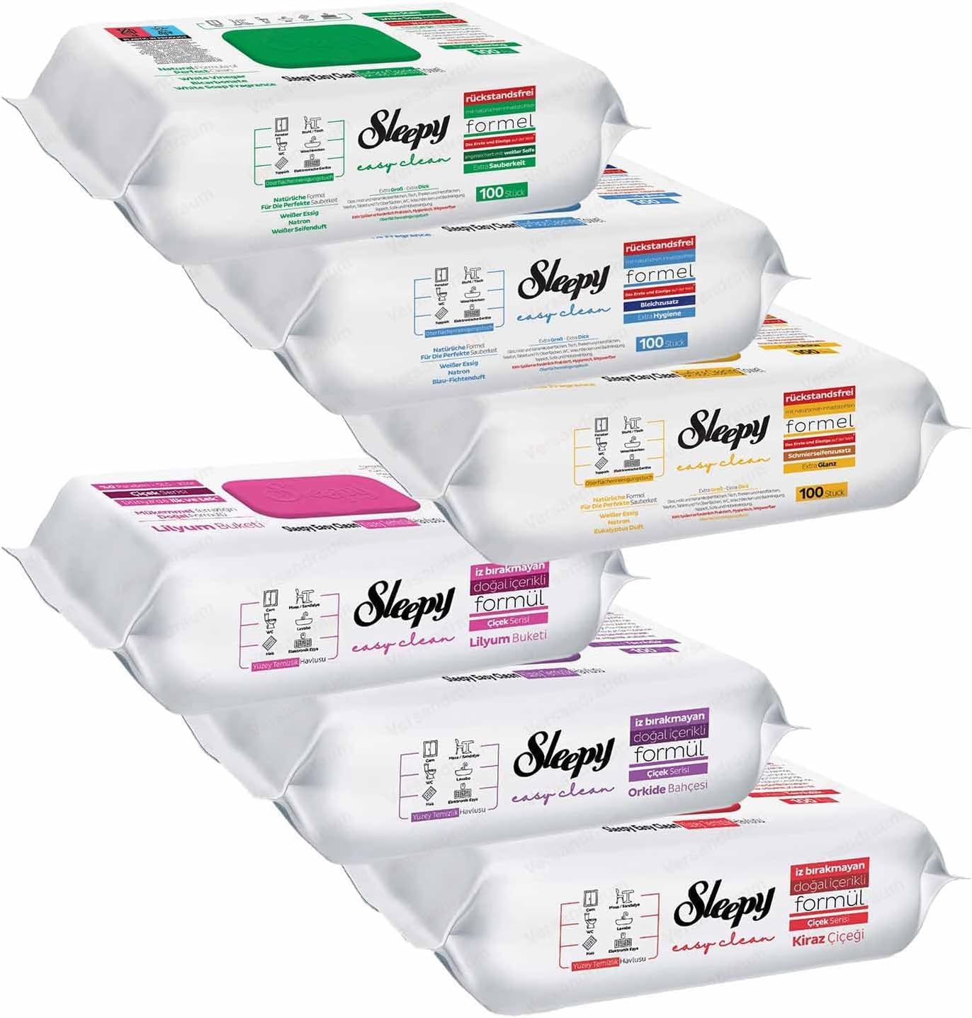 Sleepy Easy Clean Mix - Pack de 100 toallitas de limpieza para el hogar (1 lirio, 1 orquídea, 1 cereza, 1 azul, 1 verde, 1 amarillo
