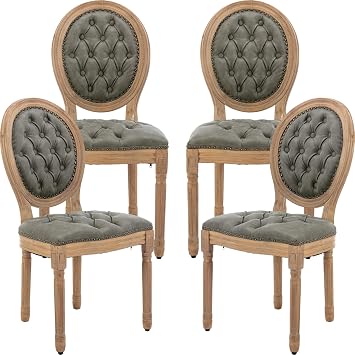 ODUSE-DAILY French Country Dining Chairs Set of 4, Olive Kitchen & Dining Room Chairs, Faux Leather Kitchen Chairs, Tufted Upholstered, Wood Legs, Sillas De Comedor PU,Pine Green, 4Pcs