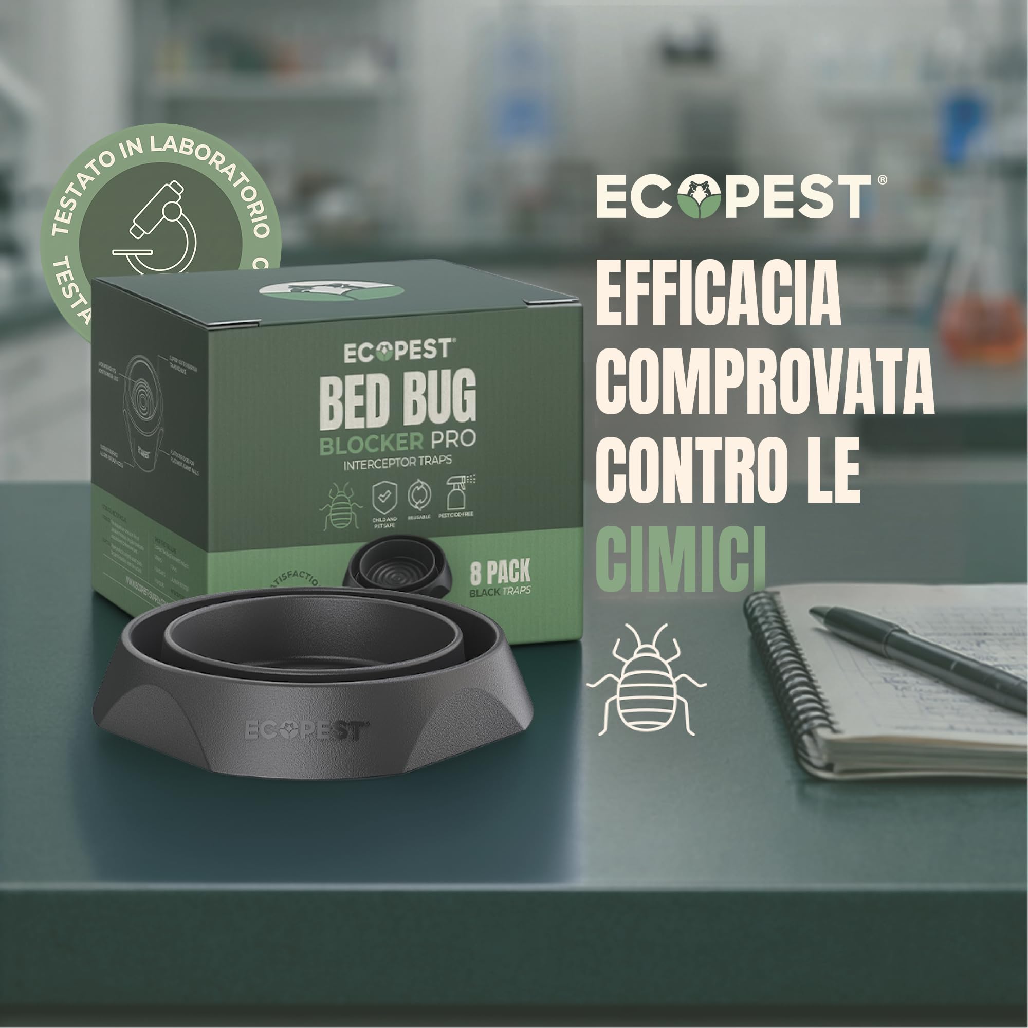 ECOPEST Trappole per Cimici dei Letti – Confezione da 8 | Trappole Intercettatori Bed Bug Blocker (PRO) (Nera) | Monitor, Rilevatore e Trappola per Le Gambe del Letto