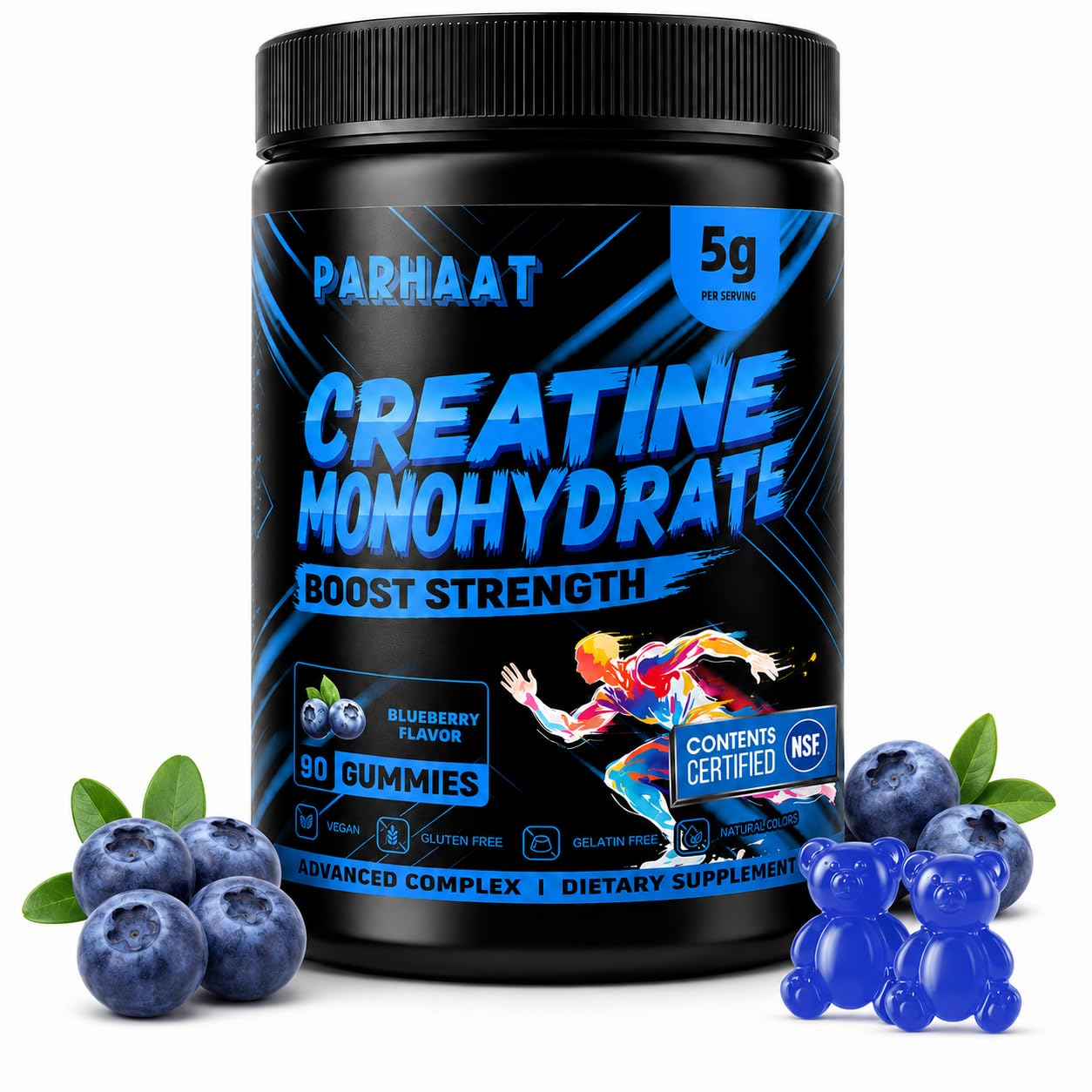 NSF Certified Creatine Monohydrate Gummies for Men &amp; Women, Blueberry 90 CT