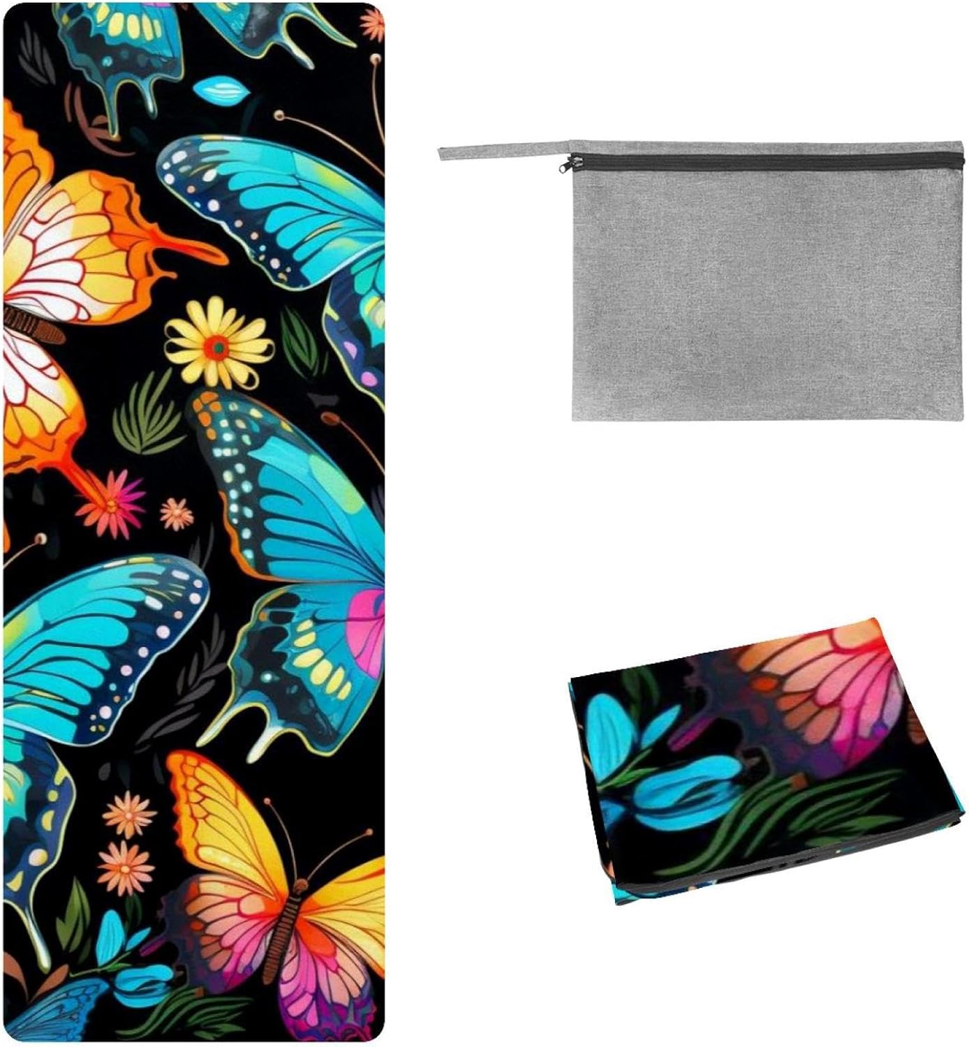 Yoga Towel, Flower Butterfly Pattern Non Slip Sweat Absorbent Hot Yoga Mat Towel for Hot Yoga, Pilates and Fitness - 72.8" x 26.8"