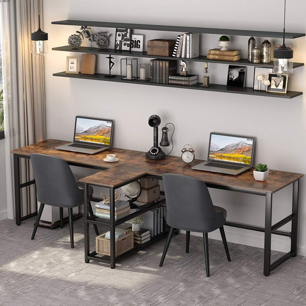 Tribesigns 90.5 inch Computer Desk, Extra Long Two Person Desk with Storage Shelves, Double Workstation Office Desk Study Writing Desk for Home Office (Rustic Brown, 94.5x19.7 in)