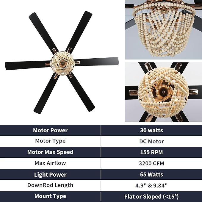 Ventilador de Techo 65 Pulgadas con Luz y Control Remoto, 6 miniatura 7