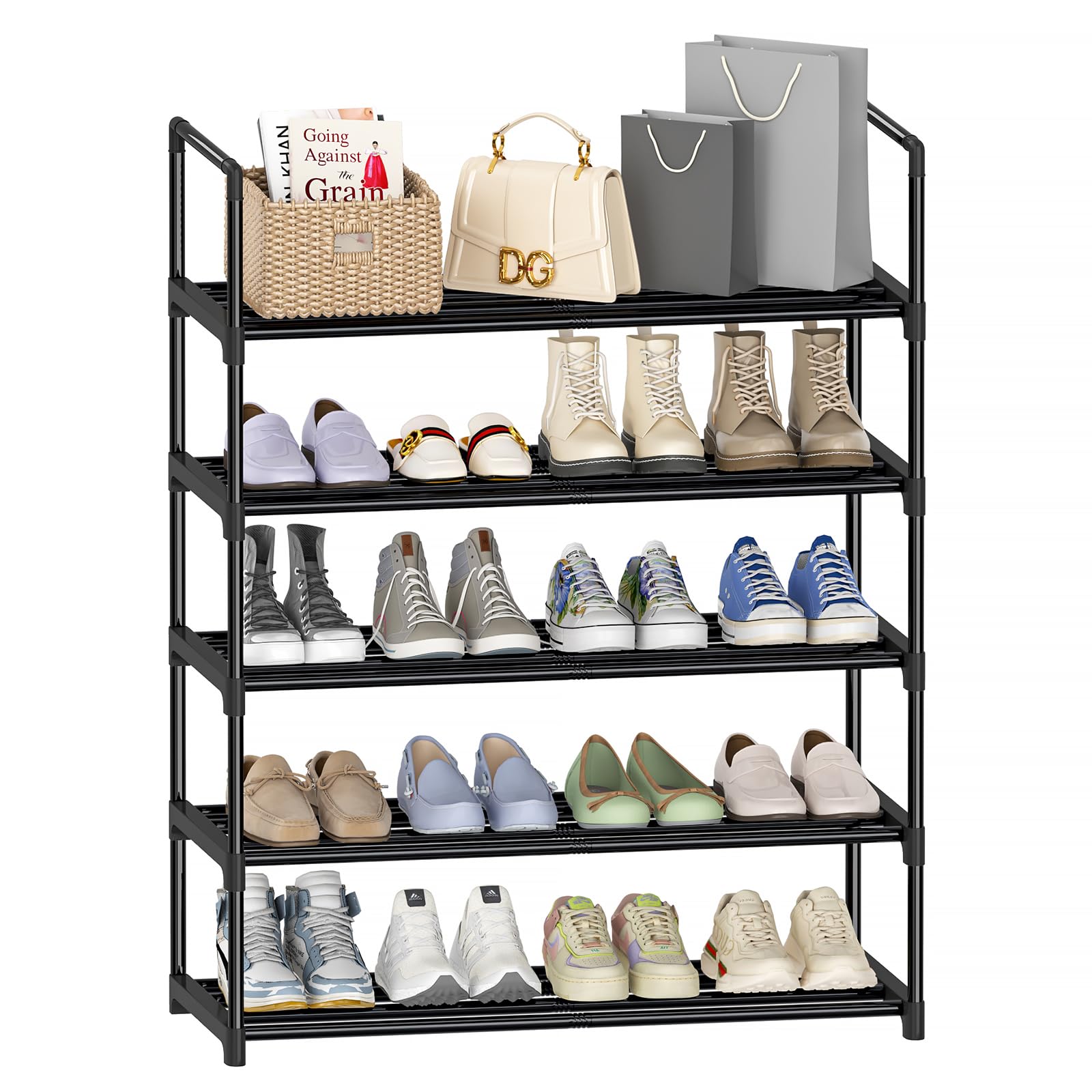 Shoe Rack Organizer, 5-Tier Wide Long Shoe Rack for Closet,Metal Sturdy Shoe Holder for Shoe Storage,Stackable Shoe Shelf for Entryway, Doorway and Bedroom