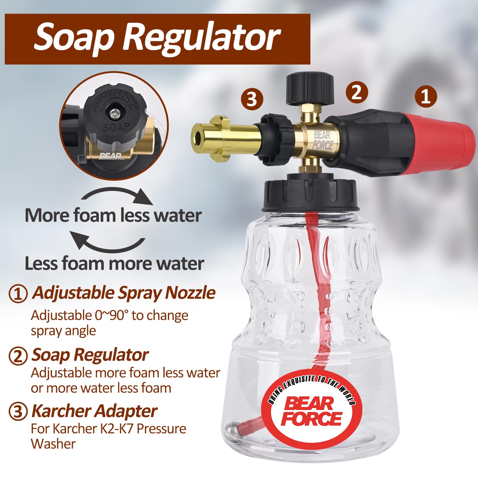 BEAR FORCE Lancia schiuma per idropulitrice compatibile con Karcher K2, K3, K4, K5, K6, K7, con ugello orifizio da 1,25 mm e 1,10 mm, schiuma spessa regolabile a 360°, lavaggio auto, dettagli per la