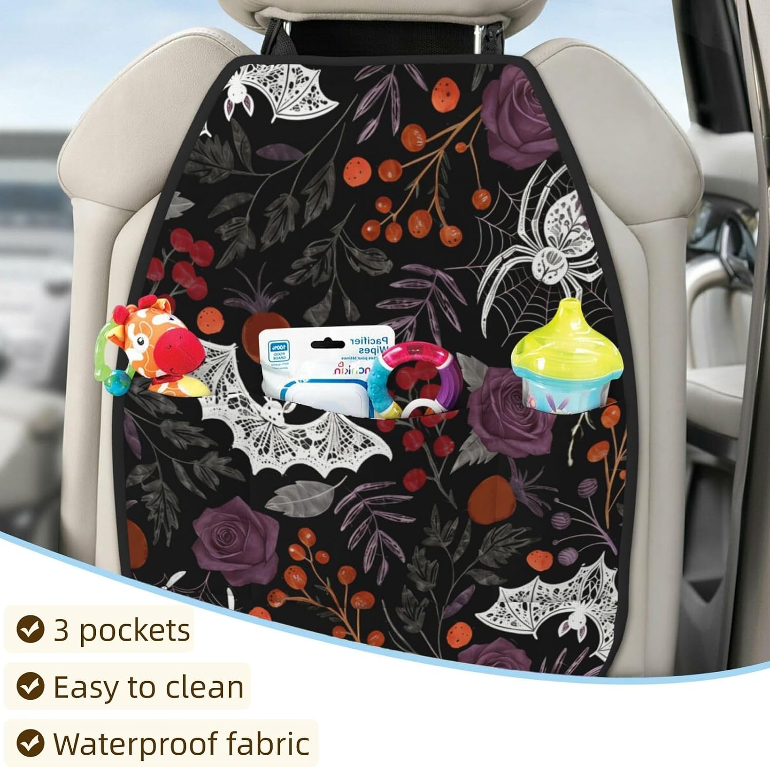 Car Seats Back Protector 2 PCS with 3 Pocket Organizer, Car Seat Back Protectors for Vehicles to Protect from Dirt Scratches Mud for SUV Jeeps Trucks and Cars - Bat Spider