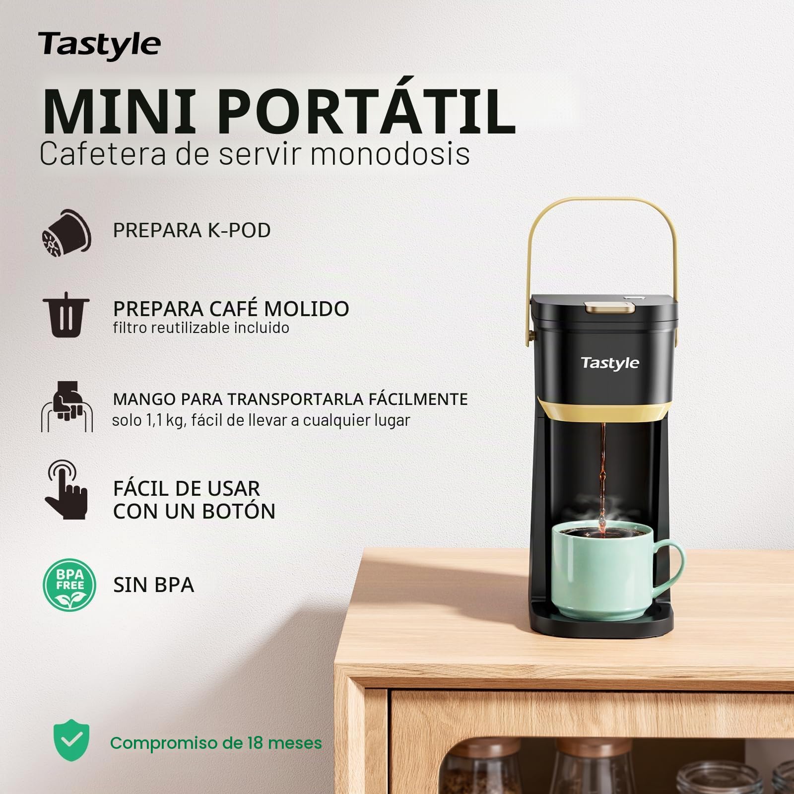 Tastyle - Cafetera de una sola taza para tazas K y molidos, mini cafetera con mango portátil, tamaño de cerveza de 6 a 12 onzas, para viajes, camping, oficina, RV y recámara, 120 V, negro y dorado