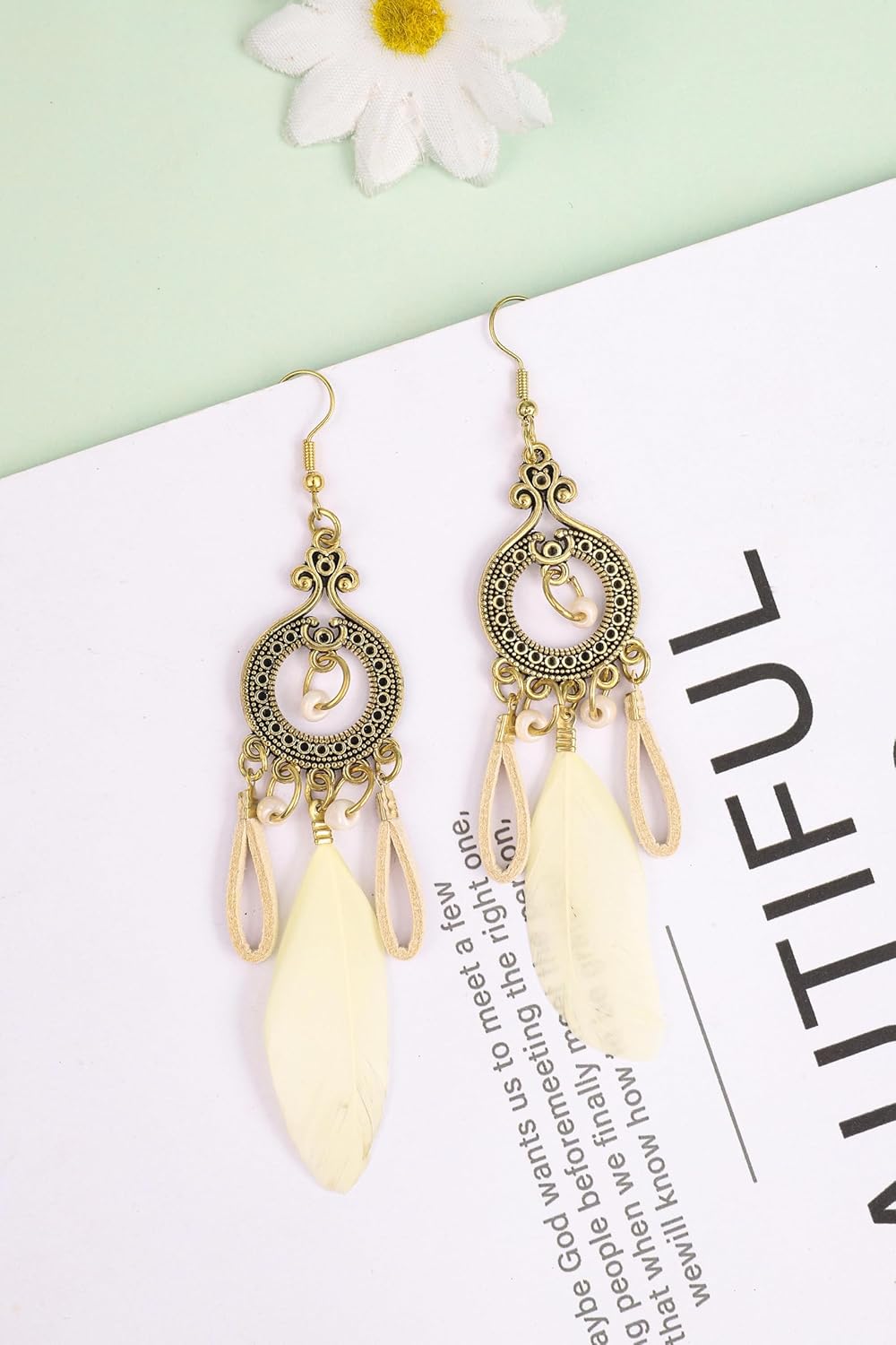 Women Faux Feather Earrings Dream Catcher Earring Natural Feather Bohemian Fringe Earrings Long Drop Dangle Earrings - Image 3